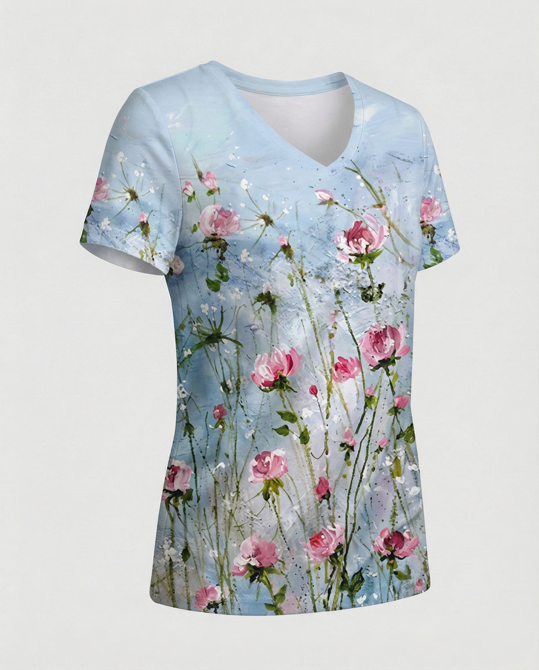 Short sleeve blouse women feather print V-neck