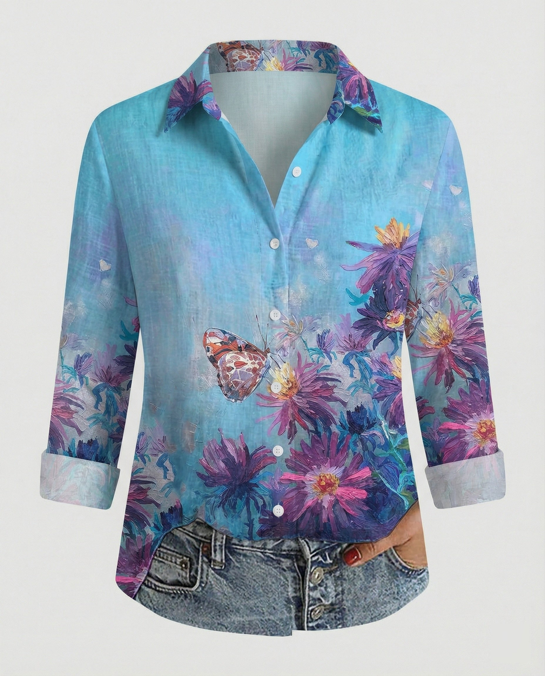 Linen look blouse women floral