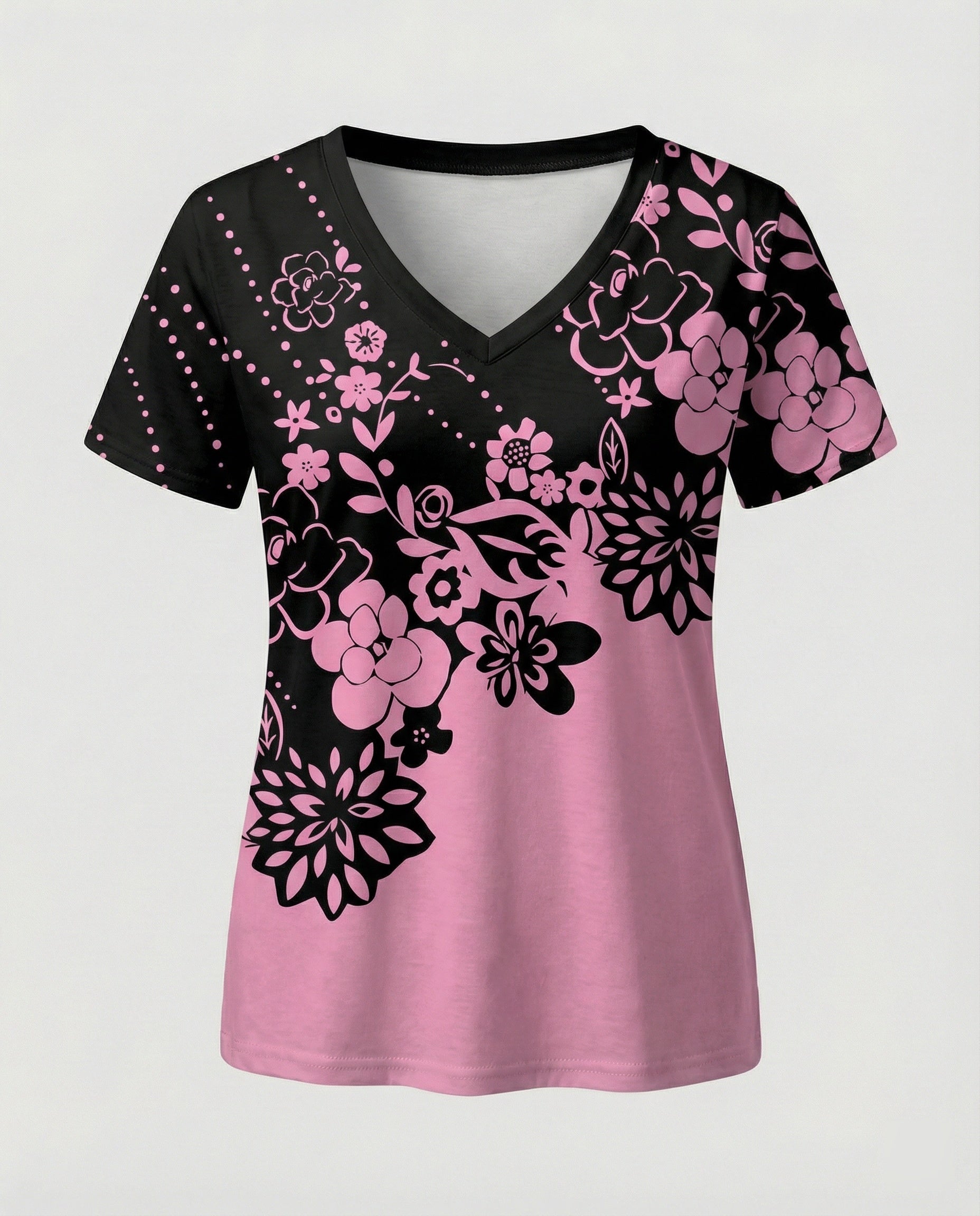 Short sleeve blouse women feather print V-neck