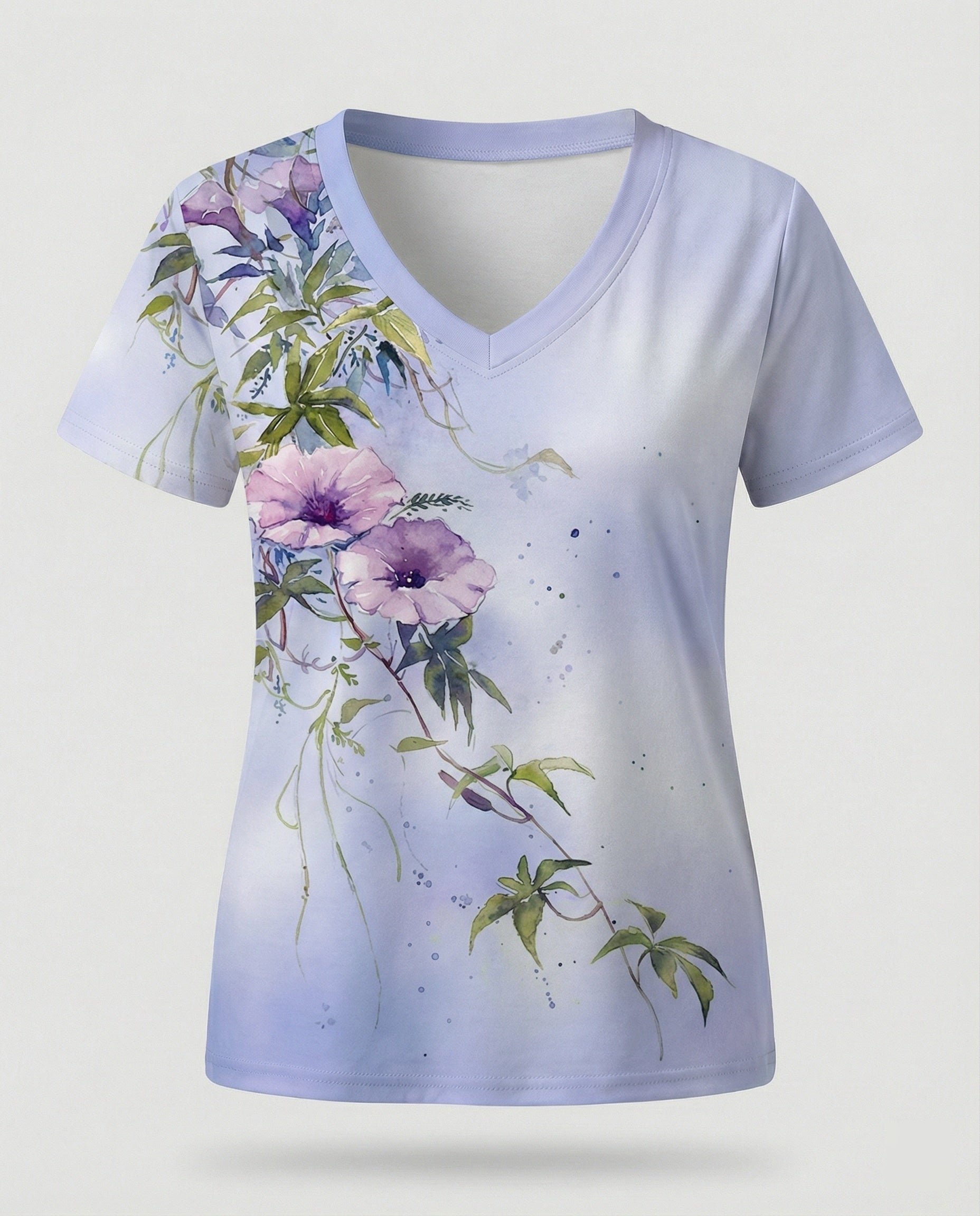 Short sleeve blouse women feather print V-neck