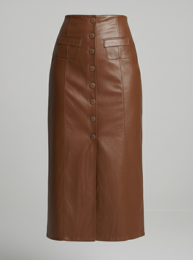 Ladies long leather skirt with button placket