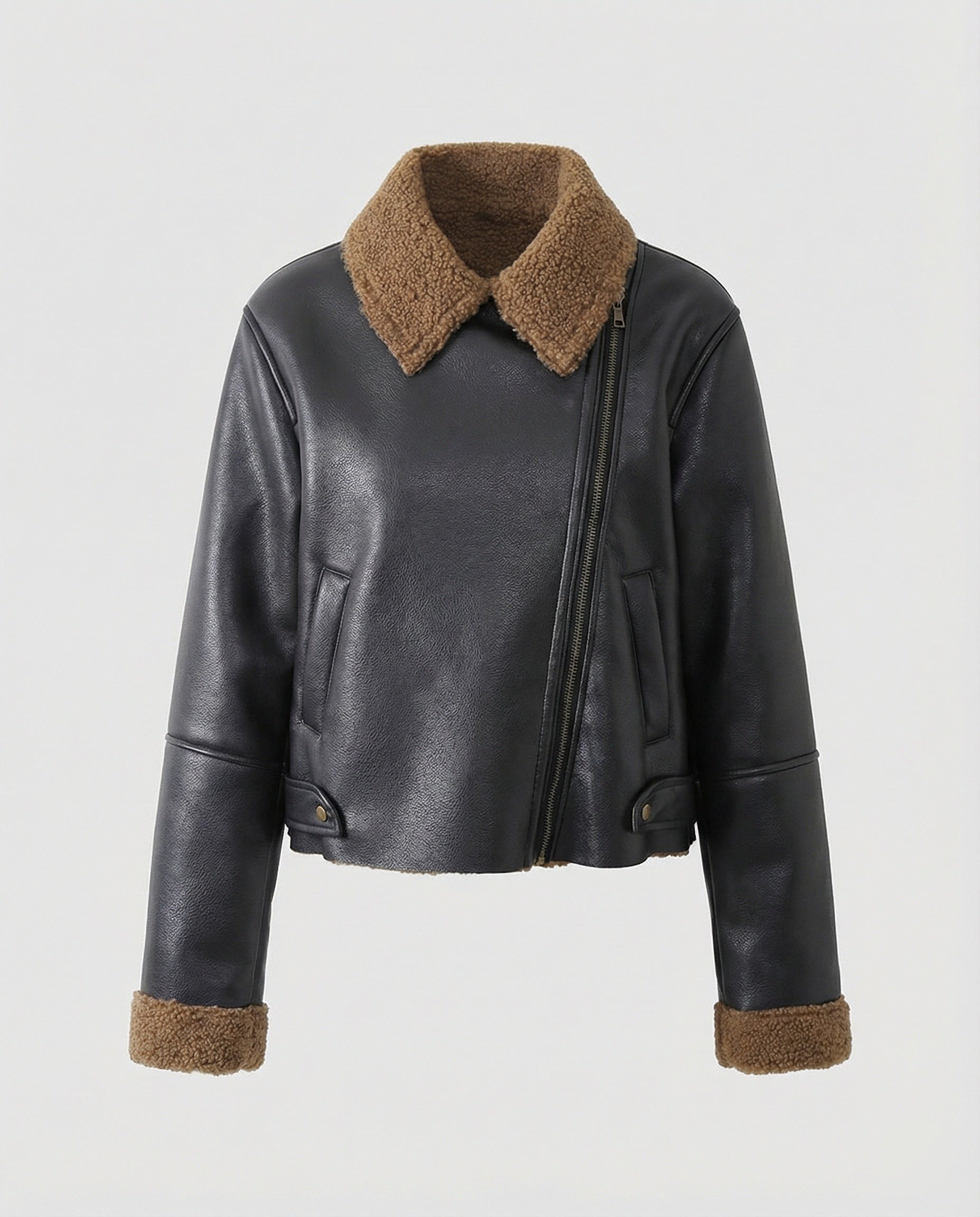 Ladies Leather Jacket Black with Teddy Collar