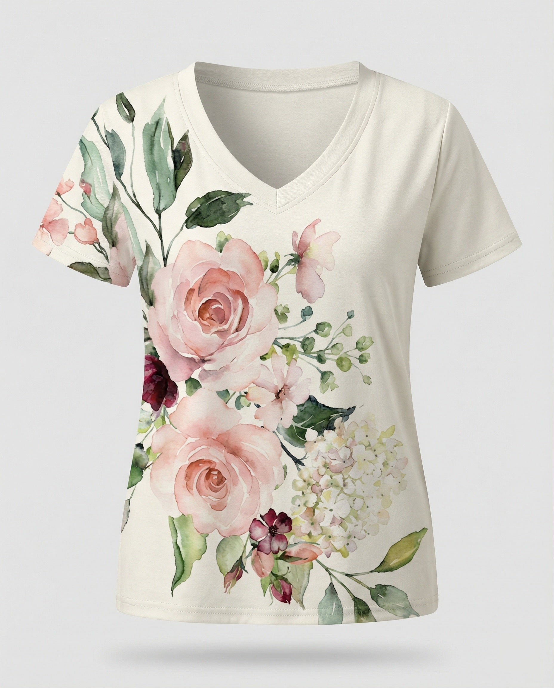 Short sleeve blouse women feather print V-neck