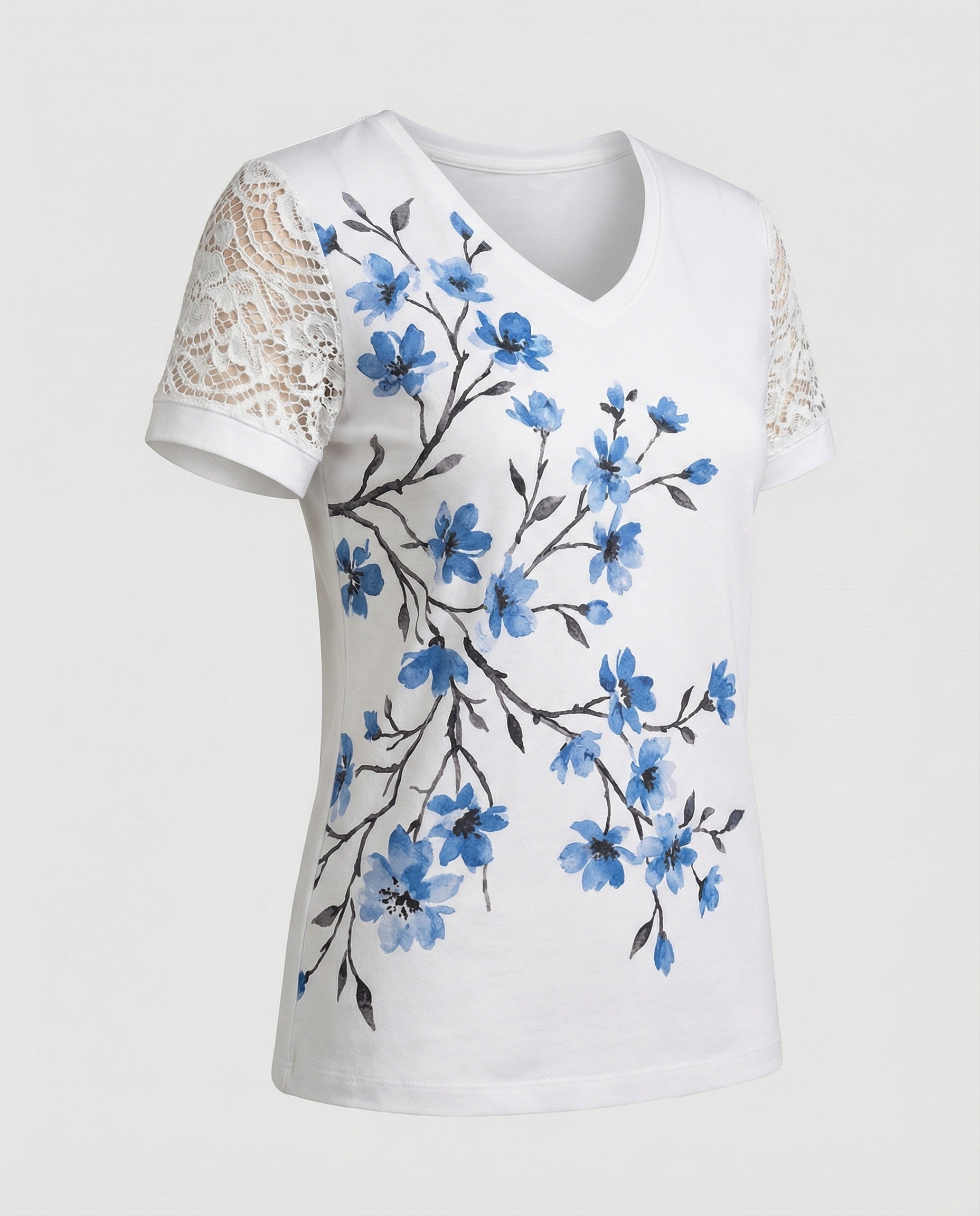 Short sleeve blouse women feather print V-neck