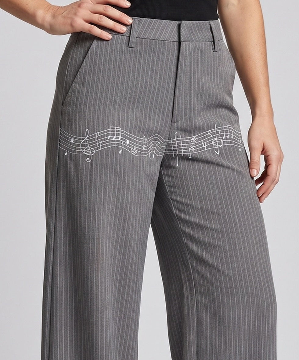 Women's Wide-Cut Striped Pants with Musical Print Chichicherry