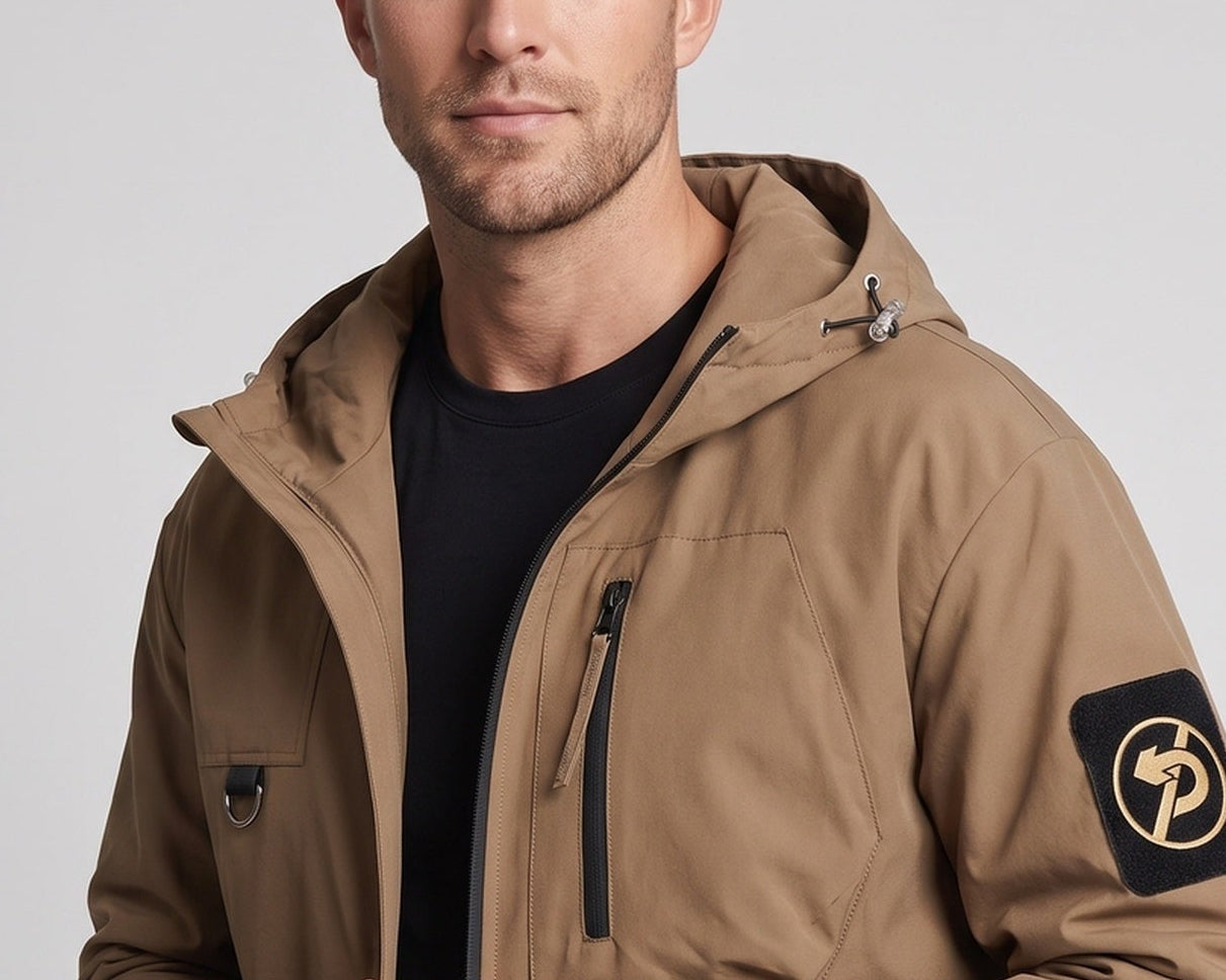 Men's Water-Repellent Softshell Utility Jacket with Hood, Zipper Pockets & Drawstring Chichicherry