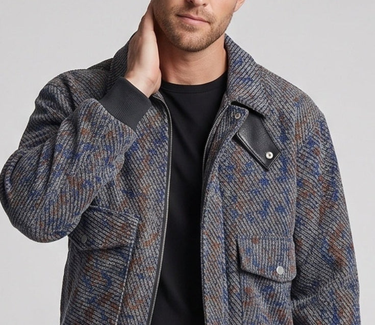 Men's Structured Overshirt Bomber Jacket with Ribbed Cuffs & Patch Pockets Chichicherry