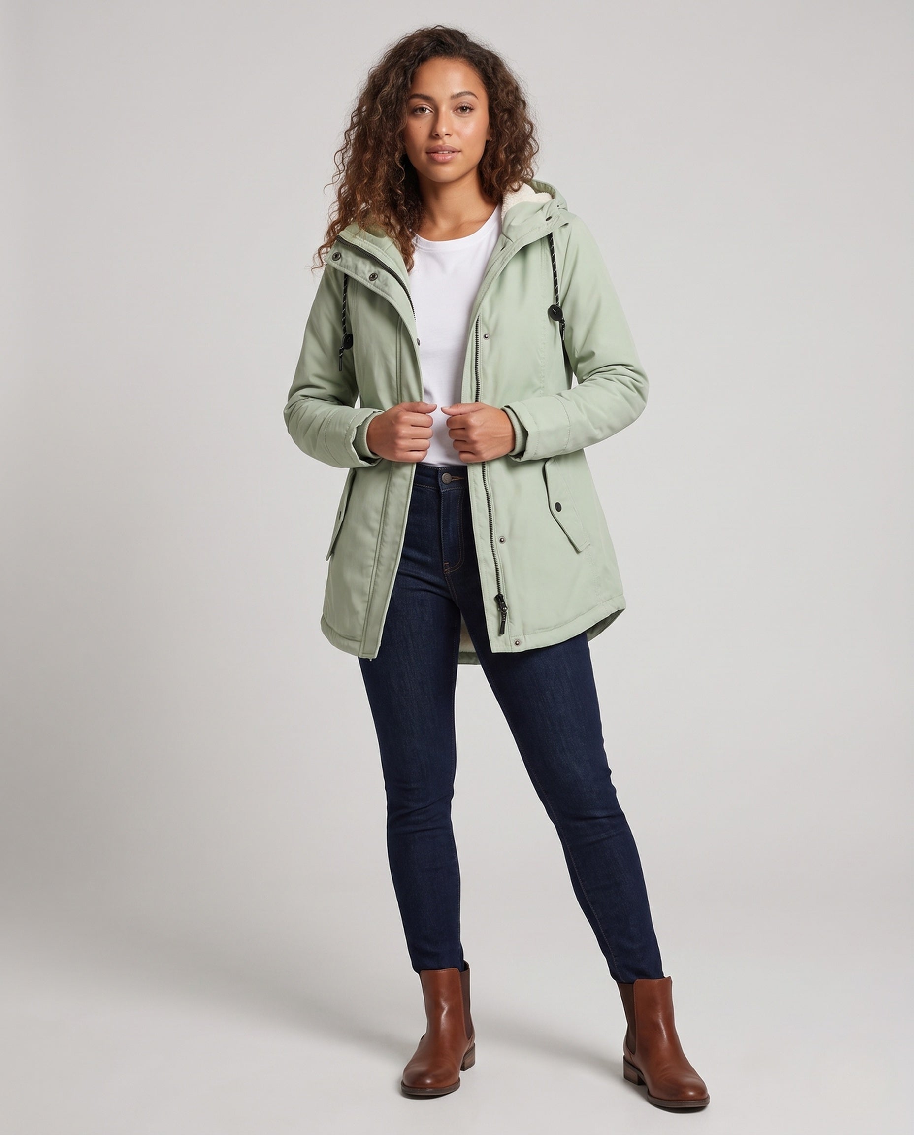 Women's Lined Hooded Parka with Teddy Lining, Drawstring and Flap Pockets