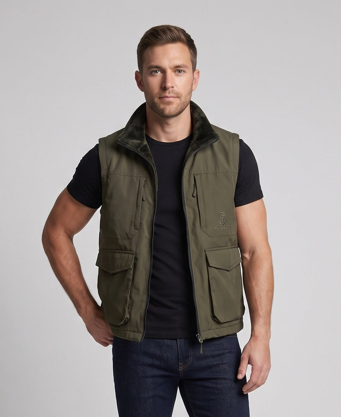 Men's multifunctional outdoor vest with high collar, zipper and multiple pockets Chichicherry