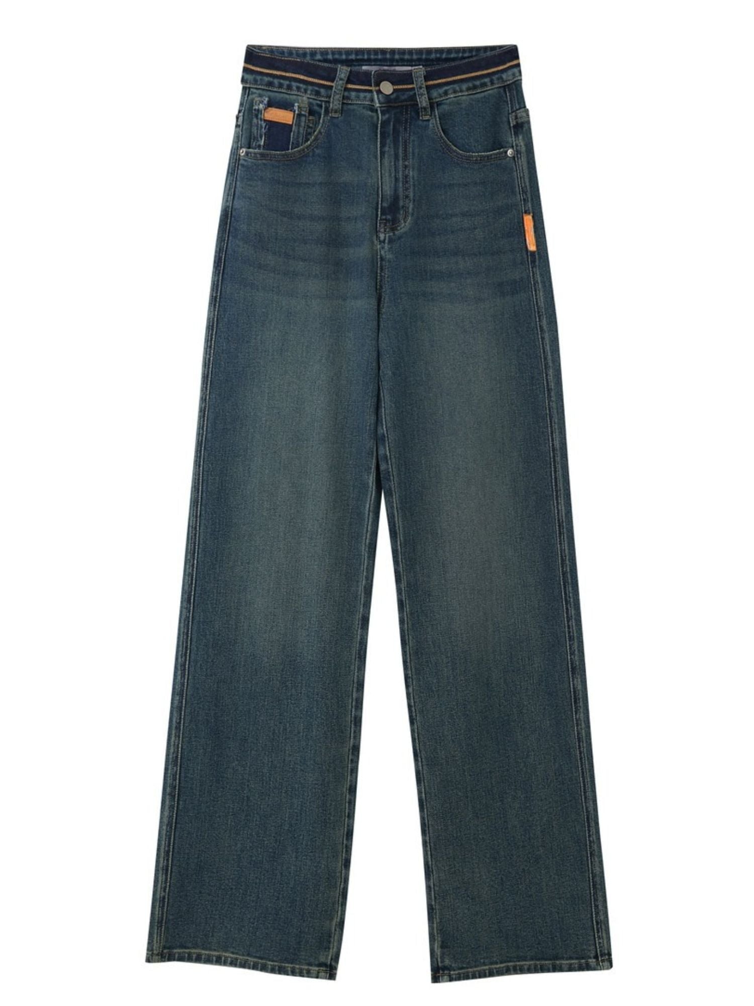 Flat-lay front view of straight-leg blue jeans, clearly showing the full length and cut