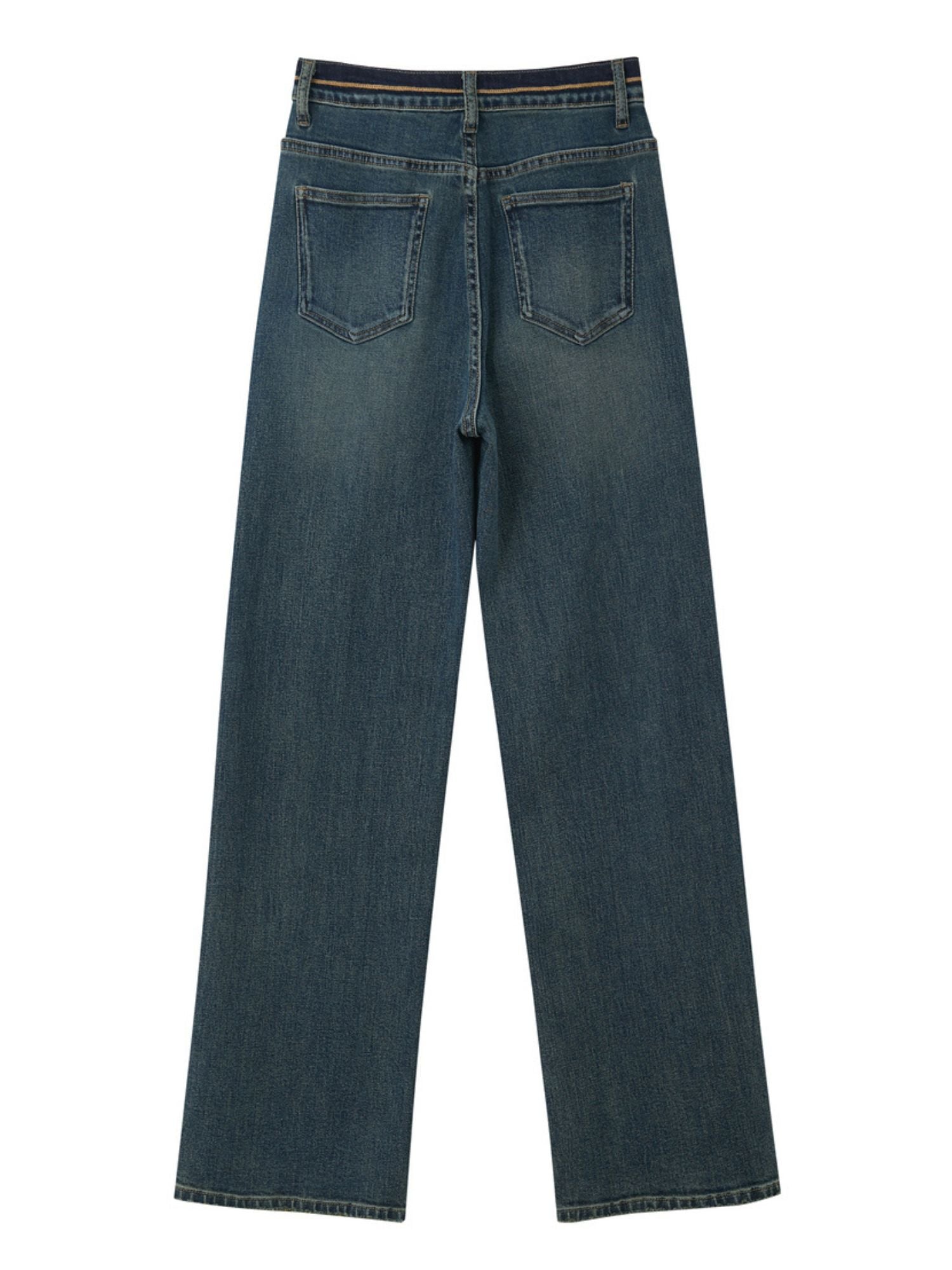 Flat-lay back view of blue straight-leg jeans, showing the pockets and stitching detail