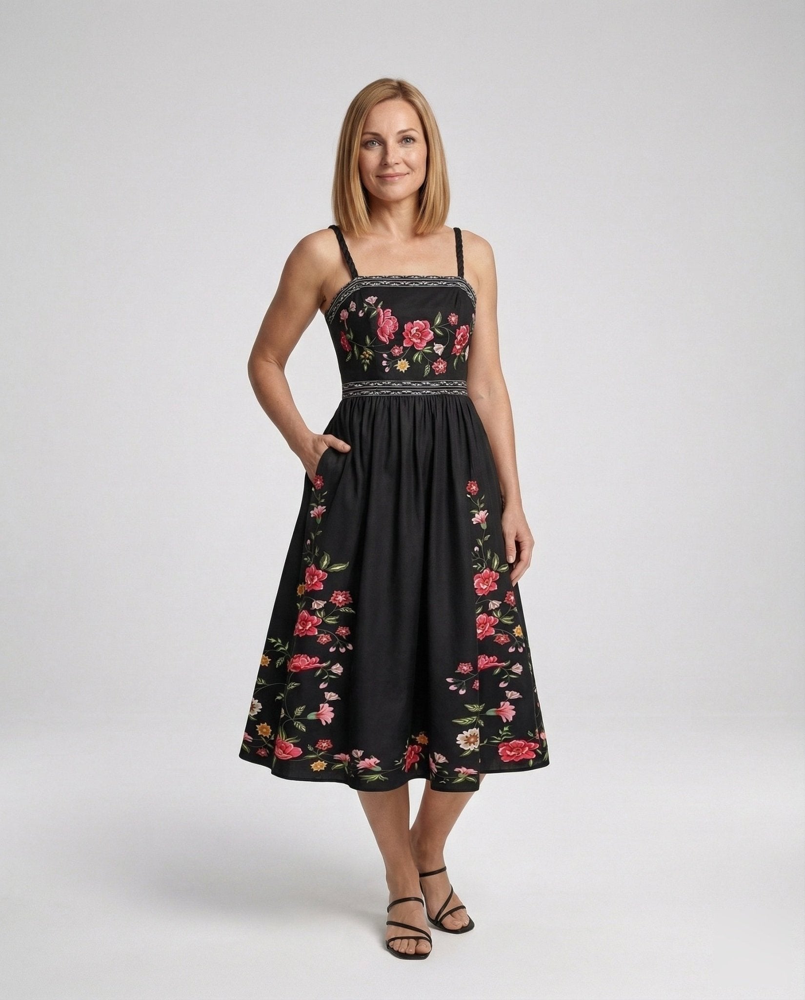 Retro Swing Dress Ankle-Length With Embroidery Women - Chichicherry