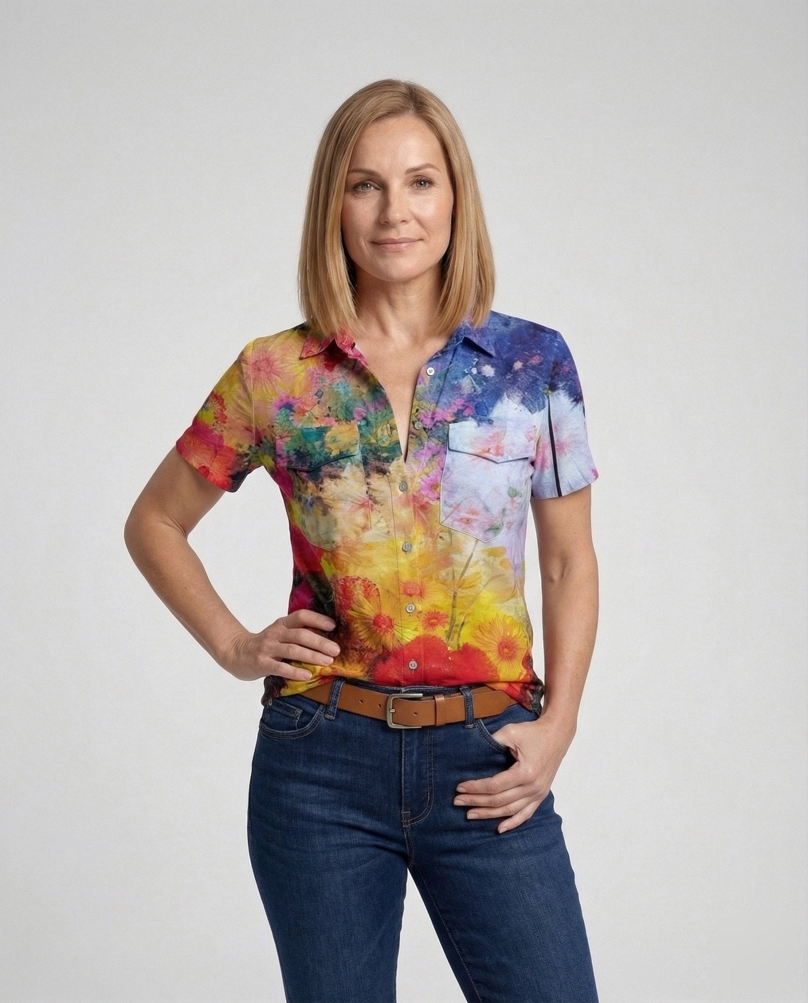 Short Sleeve Shirt Blouse Women Watercolor Pattern - Chichicherry