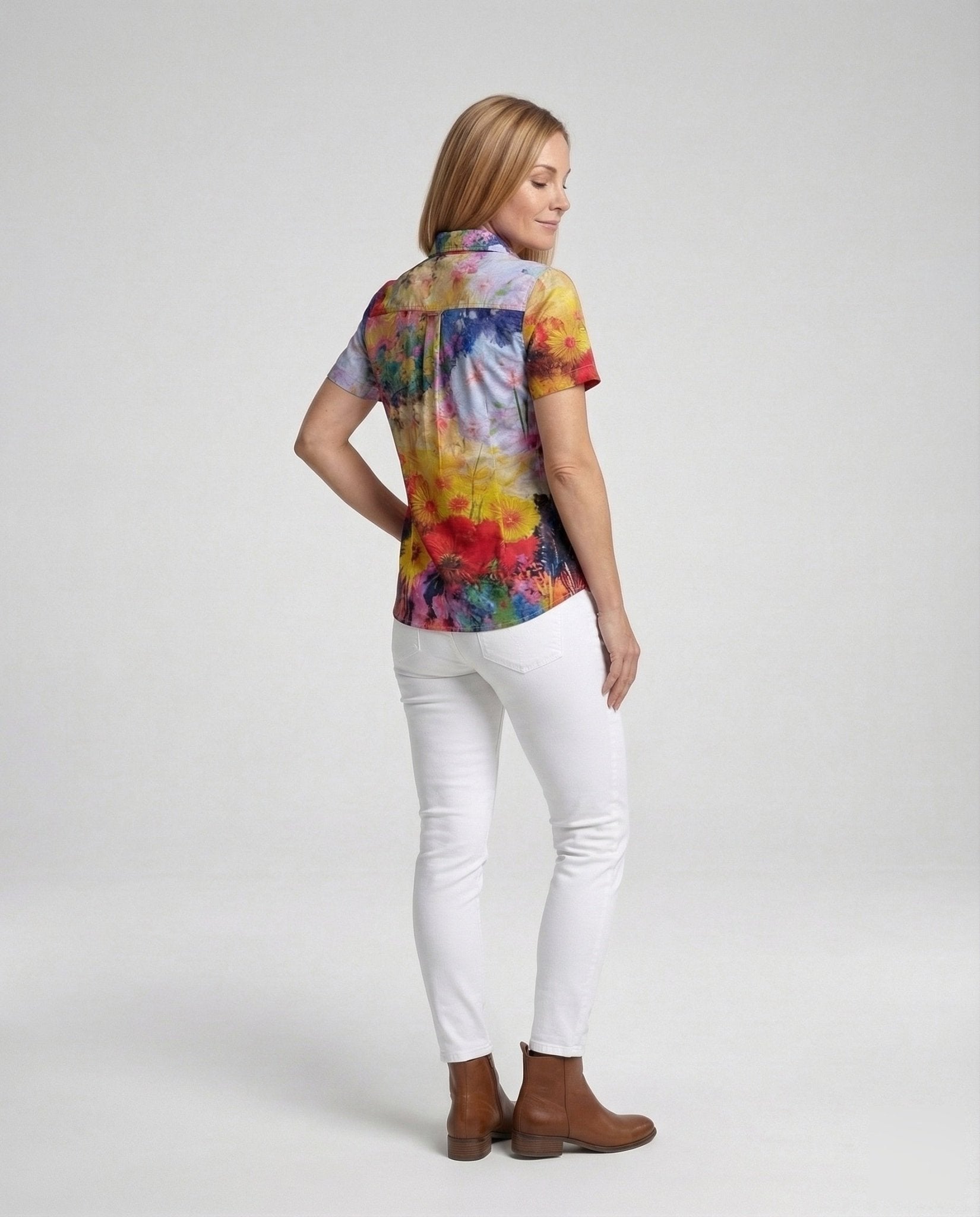 Short Sleeve Shirt Blouse Women Watercolor Pattern - Chichicherry