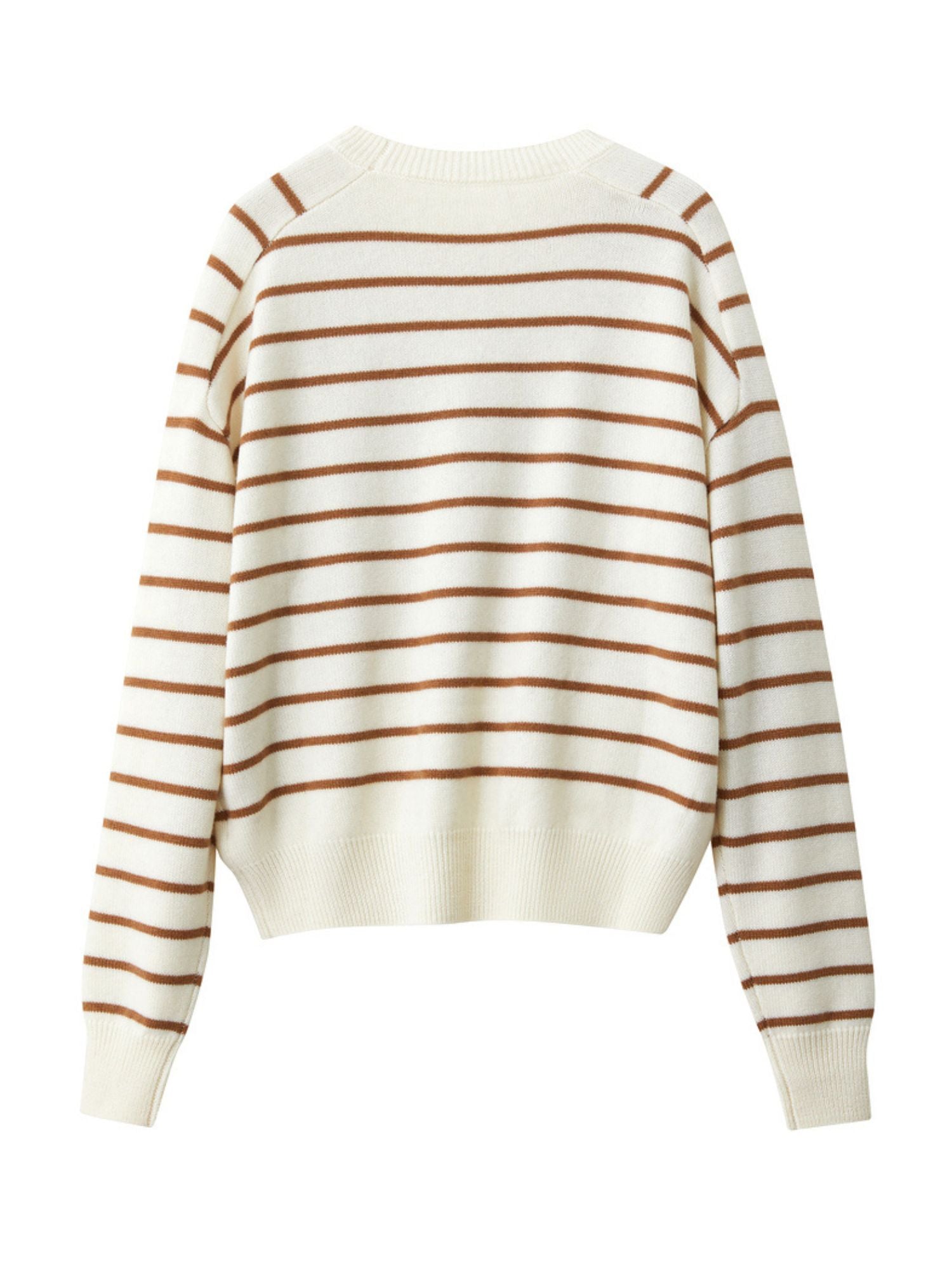 Flat-lay back of cream and camel striped sweater, showing back neckline