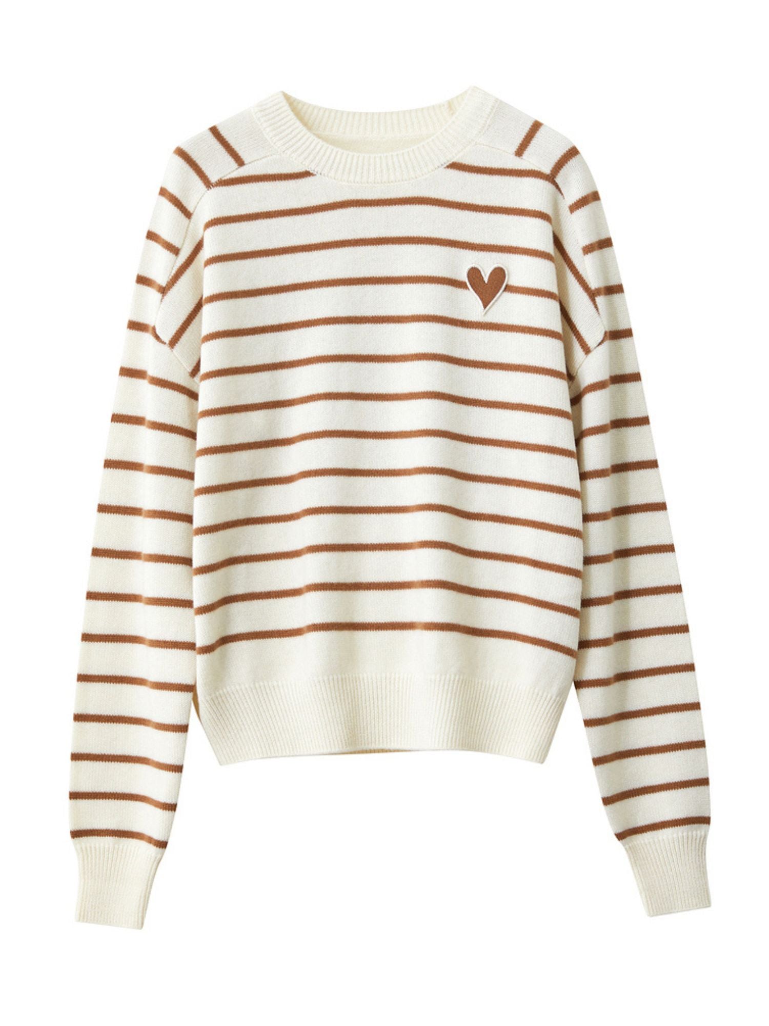 Flat-lay front of white sweater with cream and camel stripes and heart motif