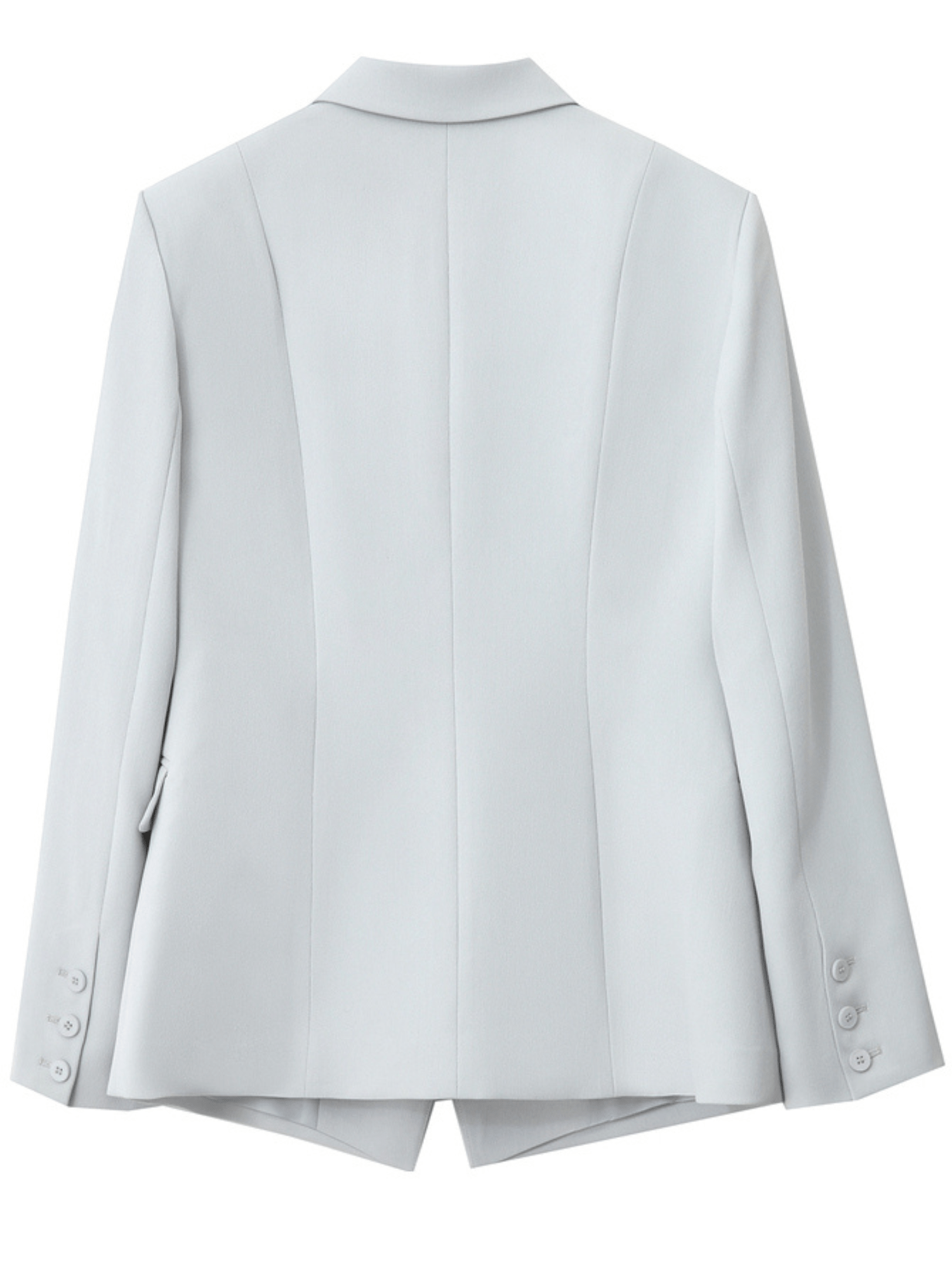 Flat‑lay back of light‑blue blazer displaying back seam and vent