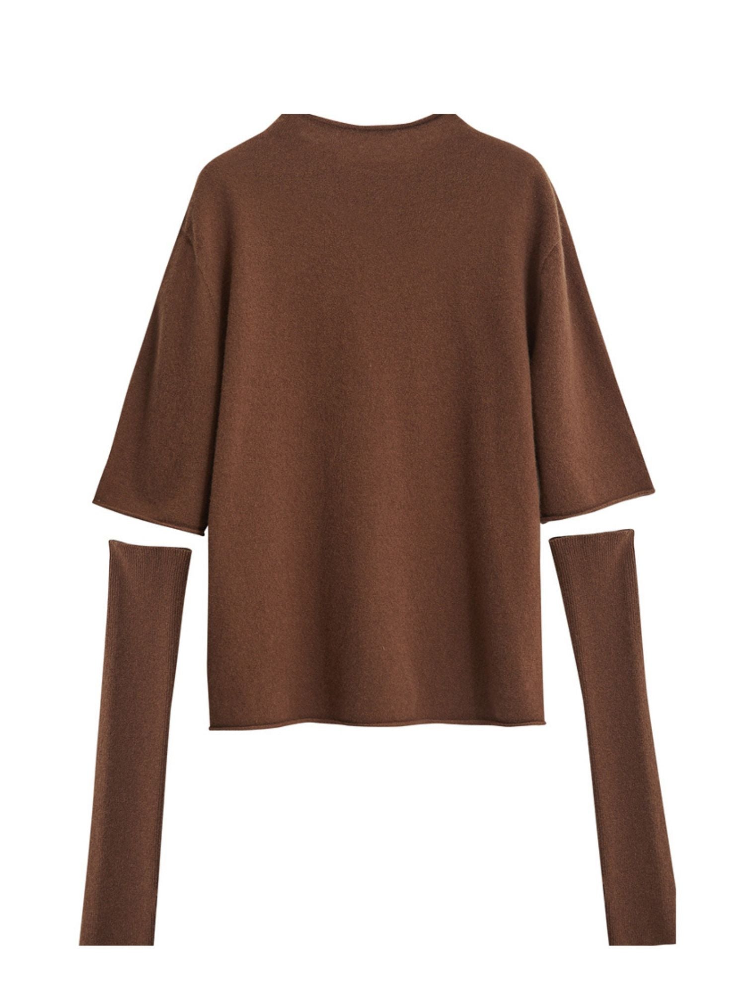 Flat-lay front of brown sweater with long slit sleeves and boxy shape