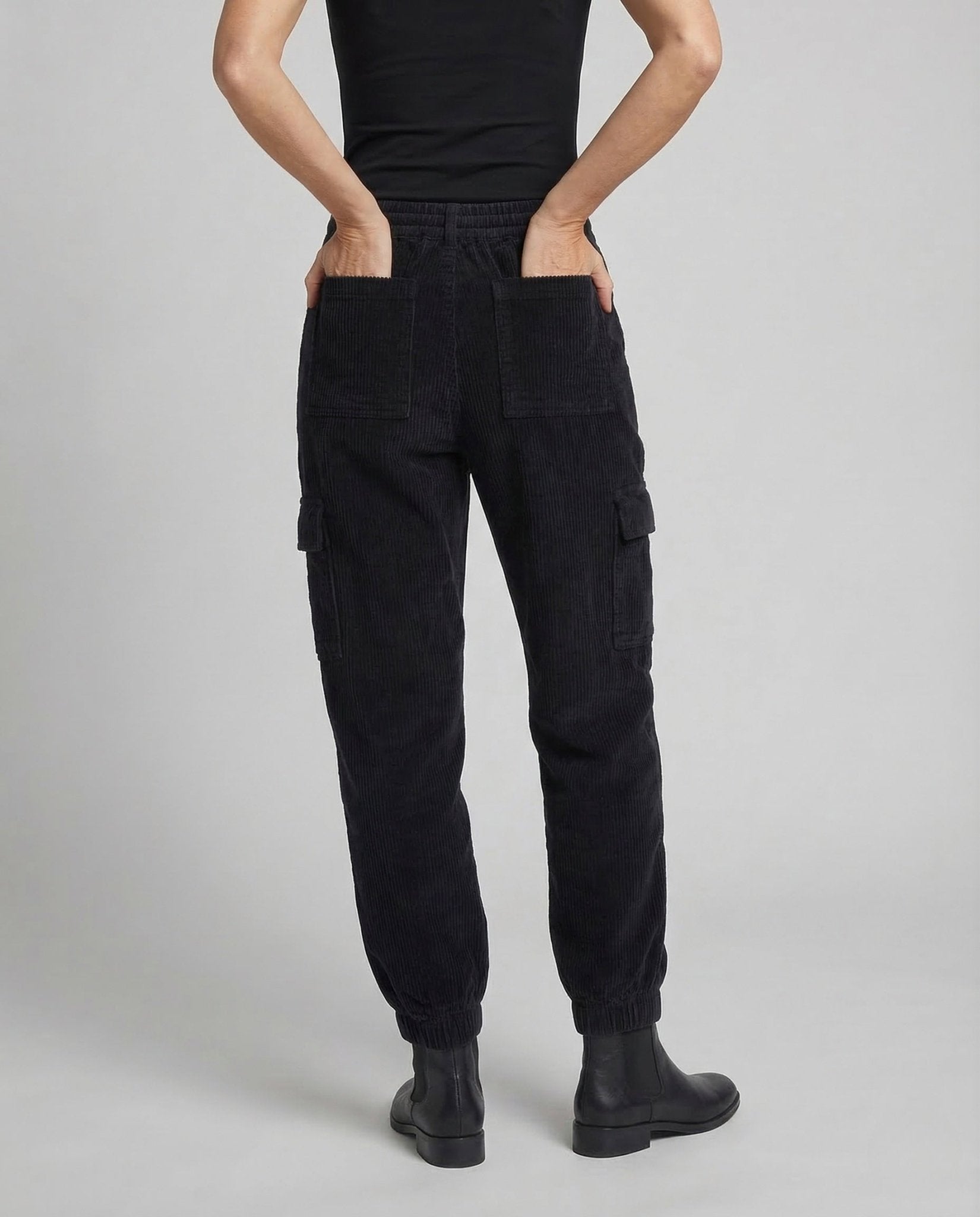 Unisex fine corduroy cargo pants elastic waistband pockets - Chichicherry