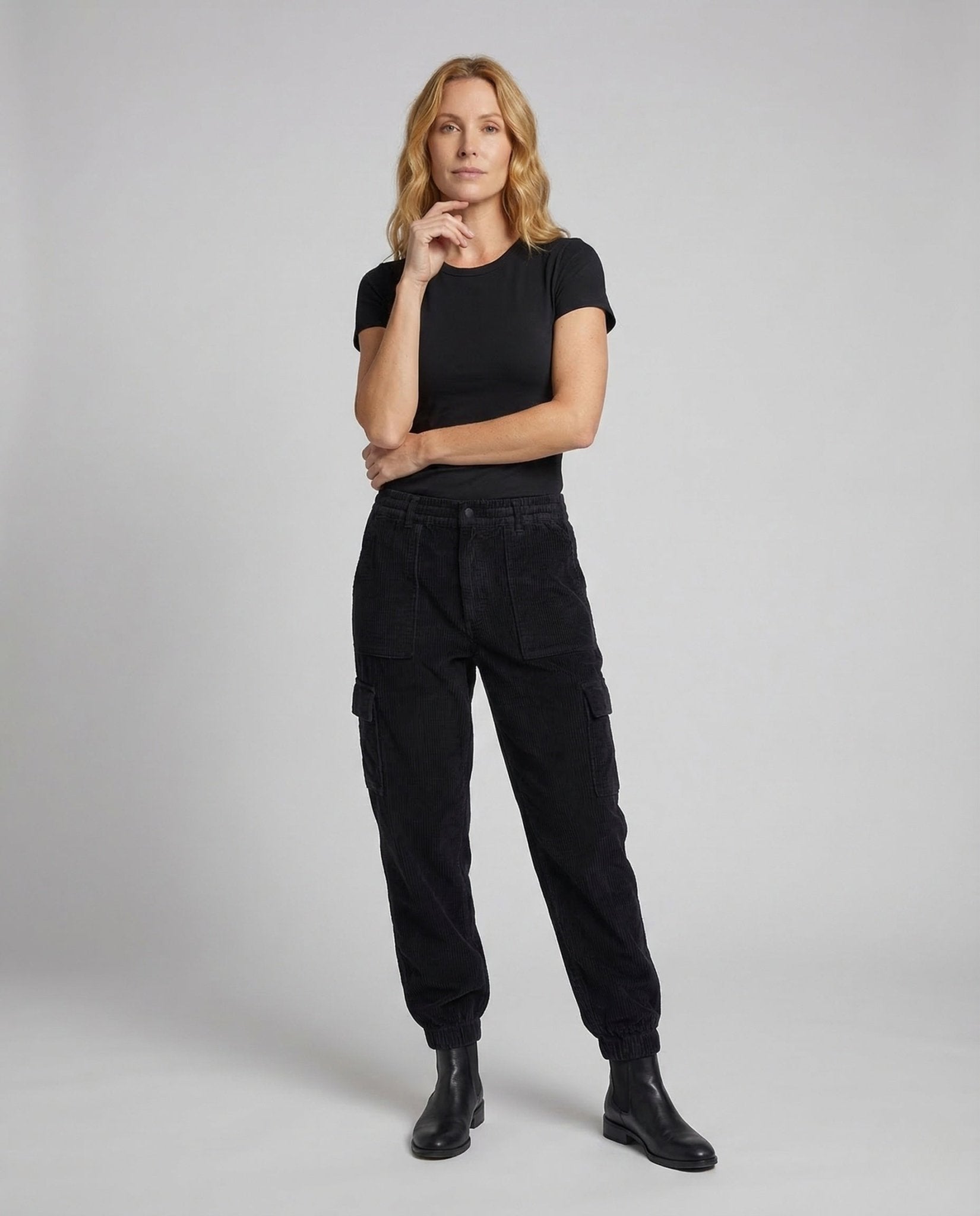 Unisex fine corduroy cargo pants elastic waistband pockets - Chichicherry