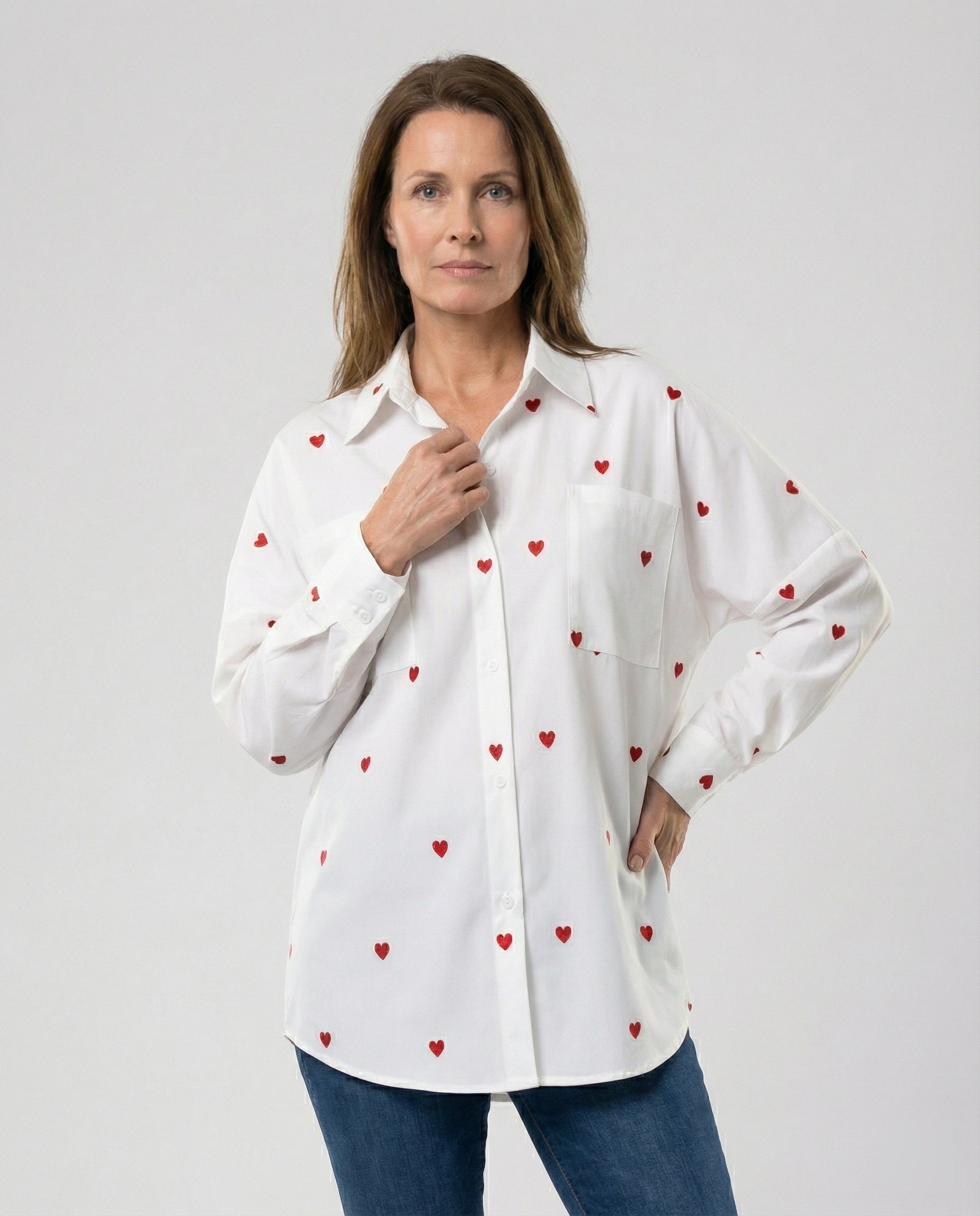 Women Shirt Blouse Heart Print