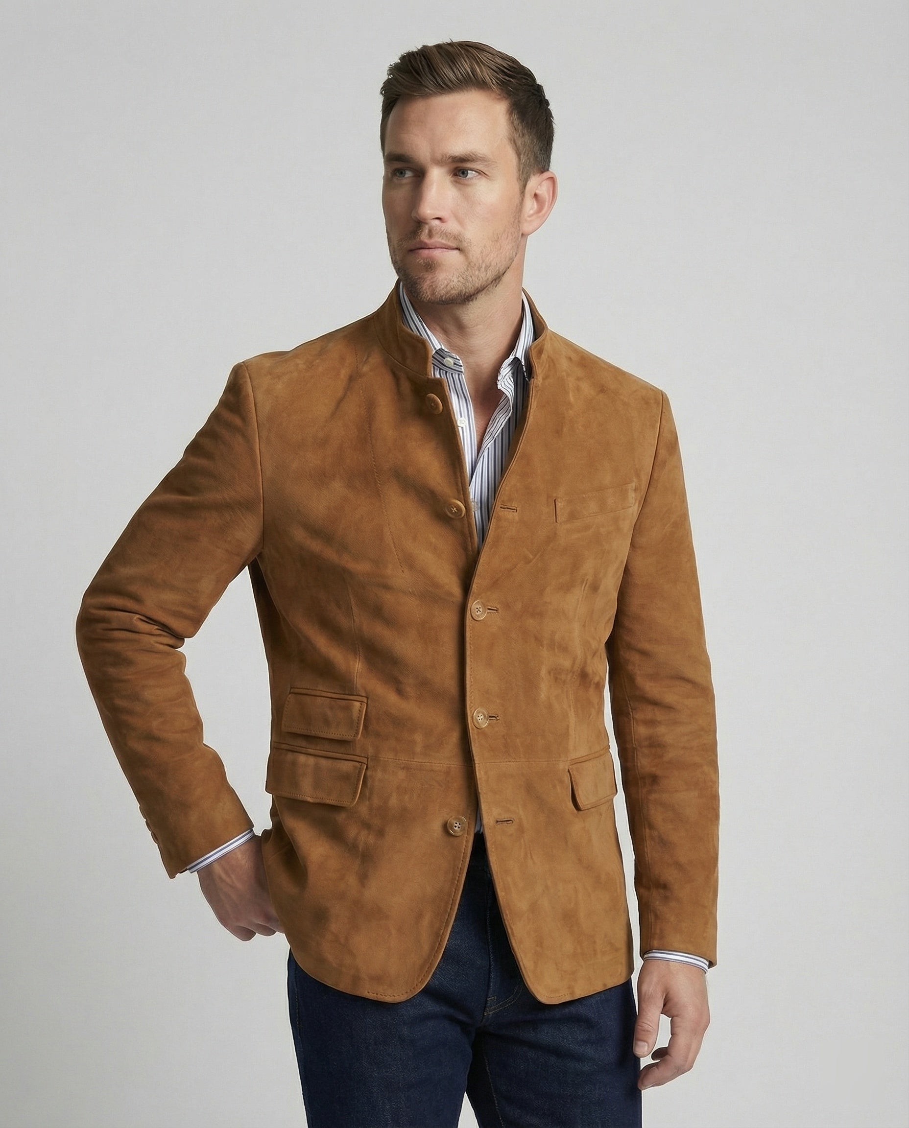 Men's Blazer Leather Look with Stand-Up Collar