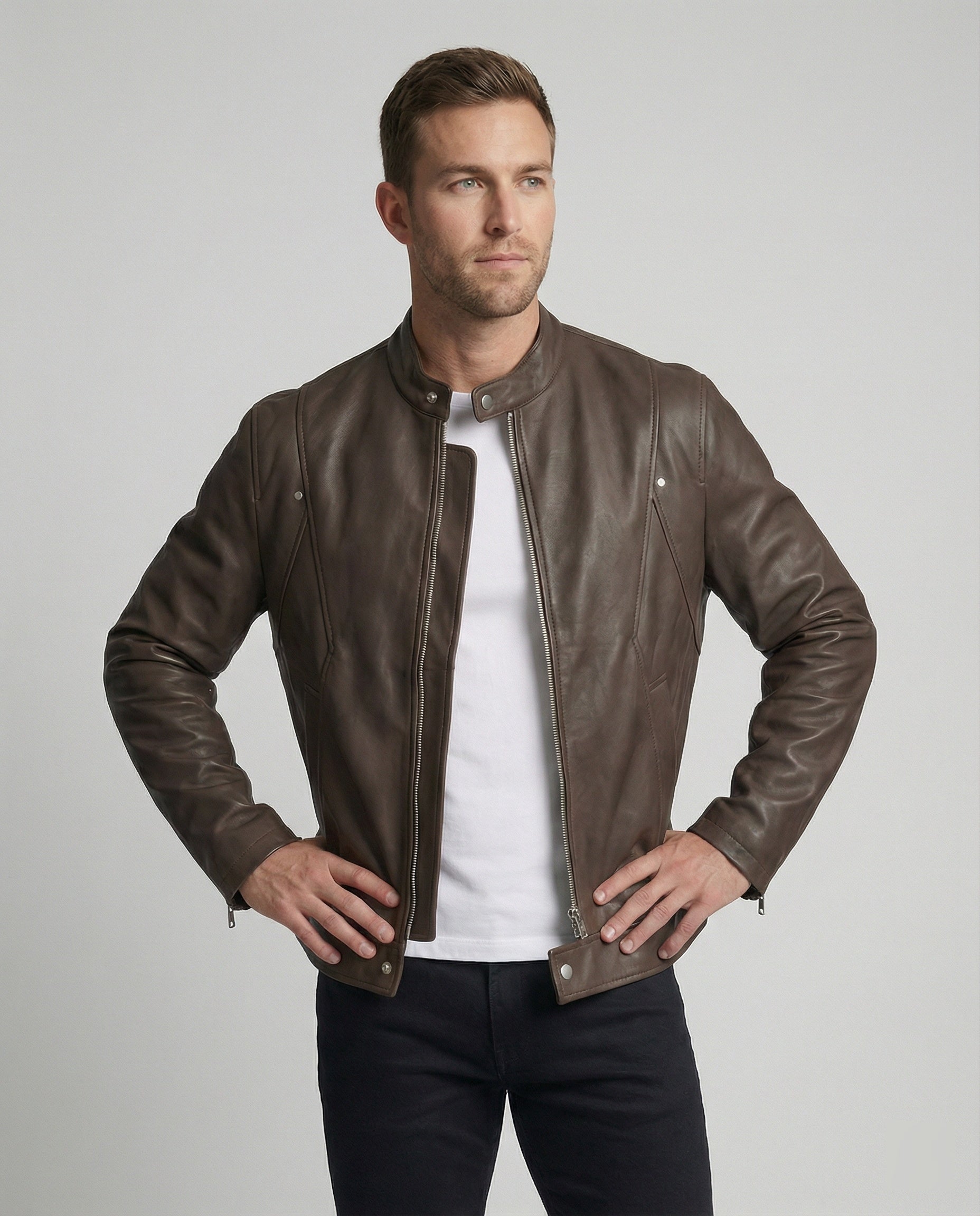 Men's Bomber Leather Jacket Stand Collar