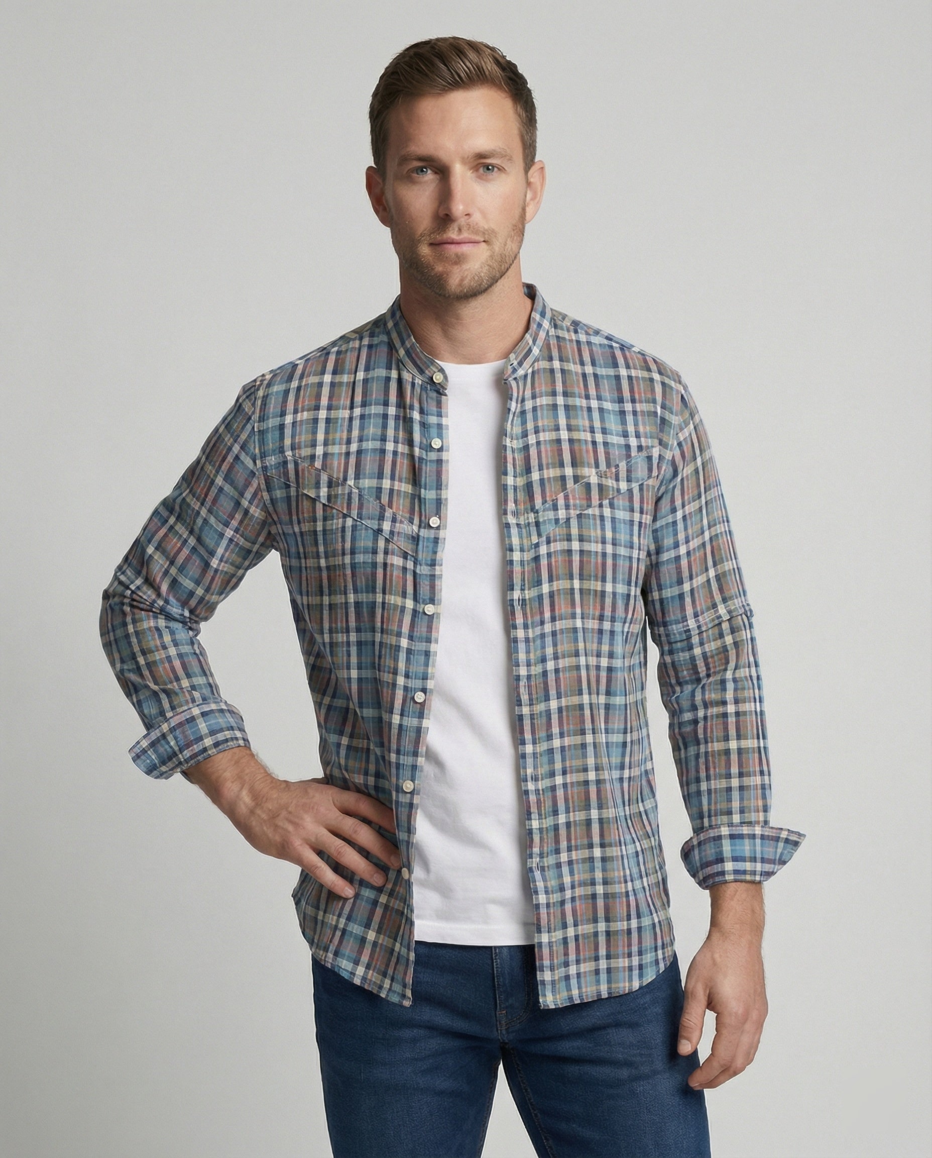 Men's Long Sleeve Shirt Checked Stand Collar