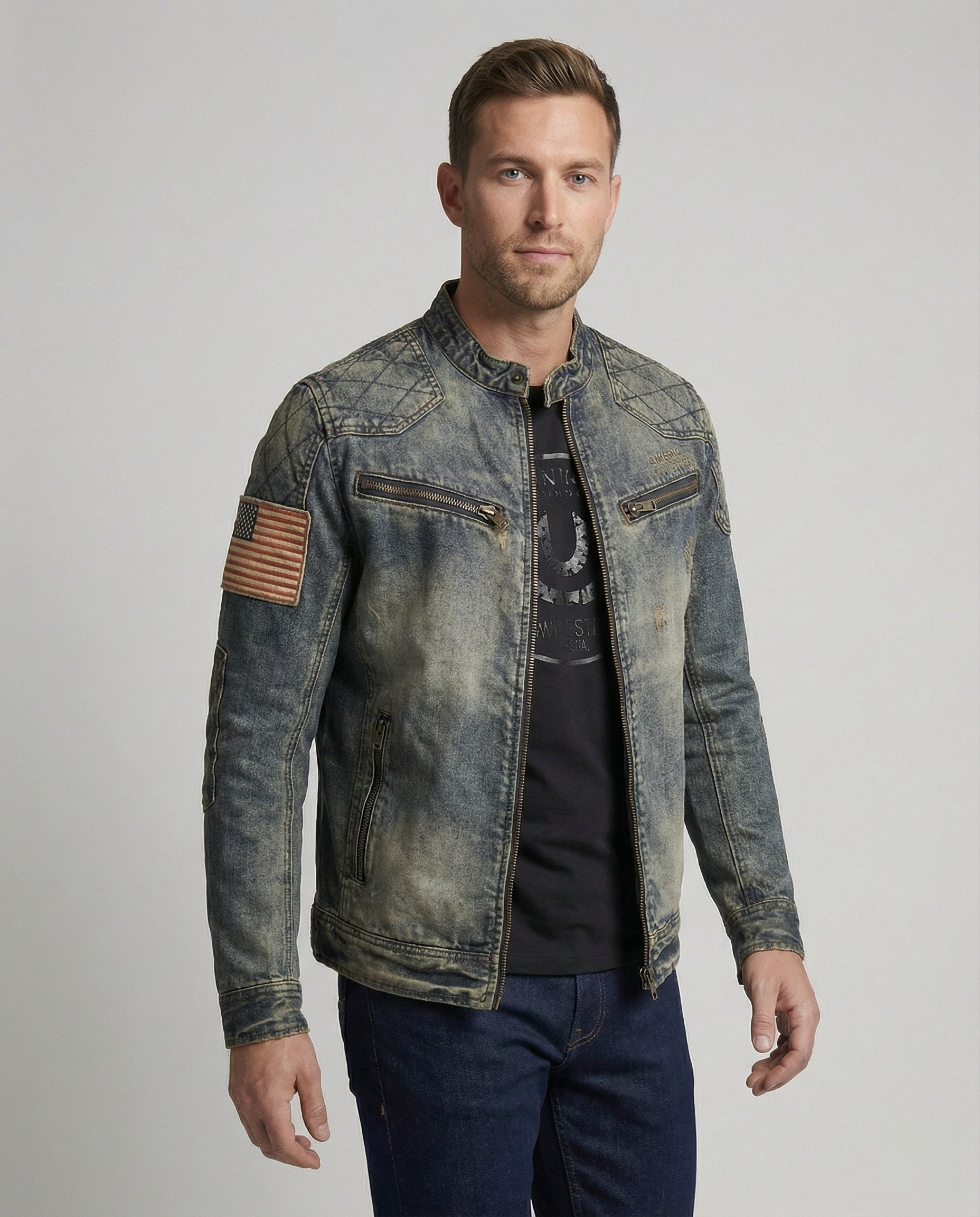 Men's Jeans Jacket Biker Style Stand-up Collar