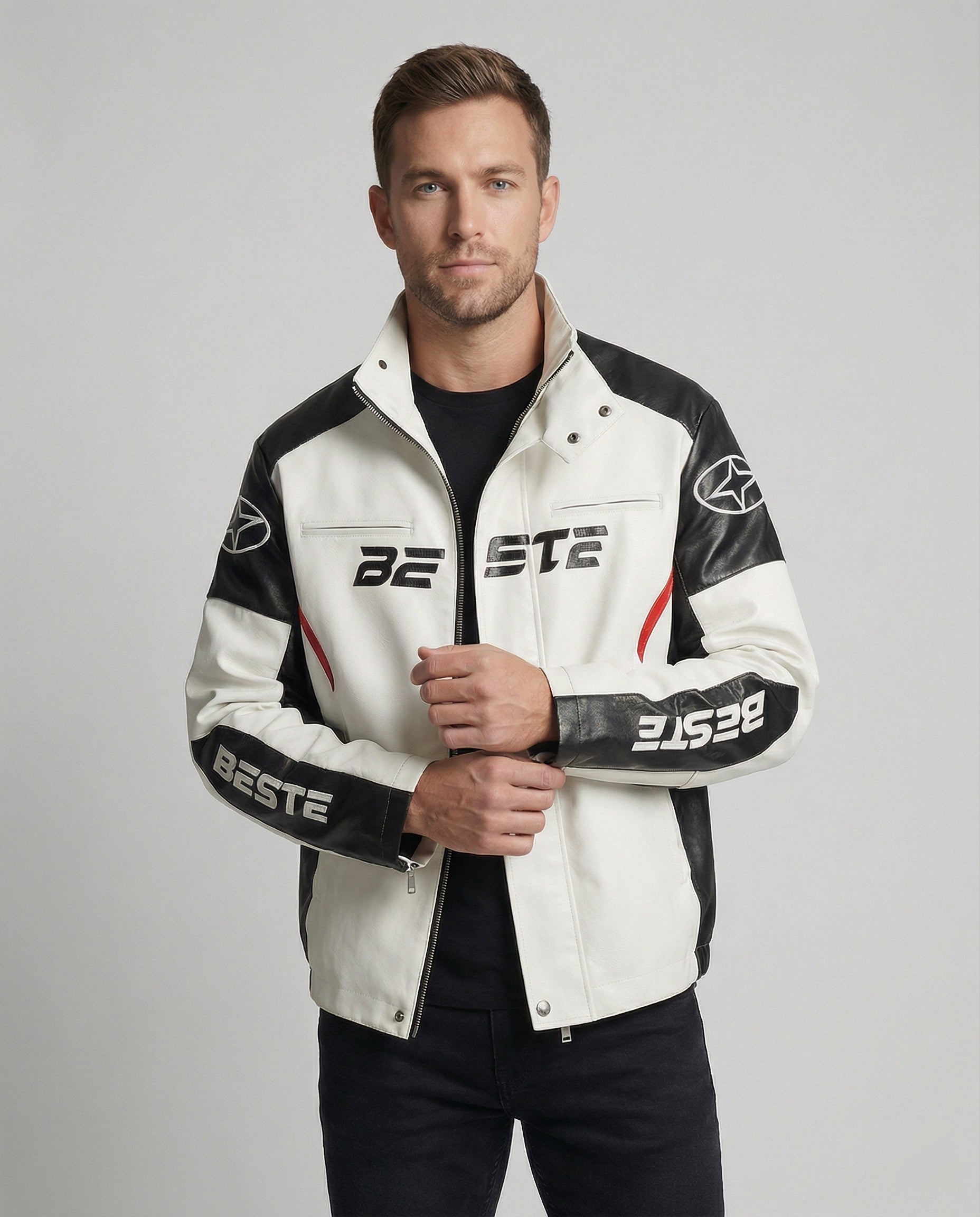 Men's Racing Biker Jacket Faux Leather