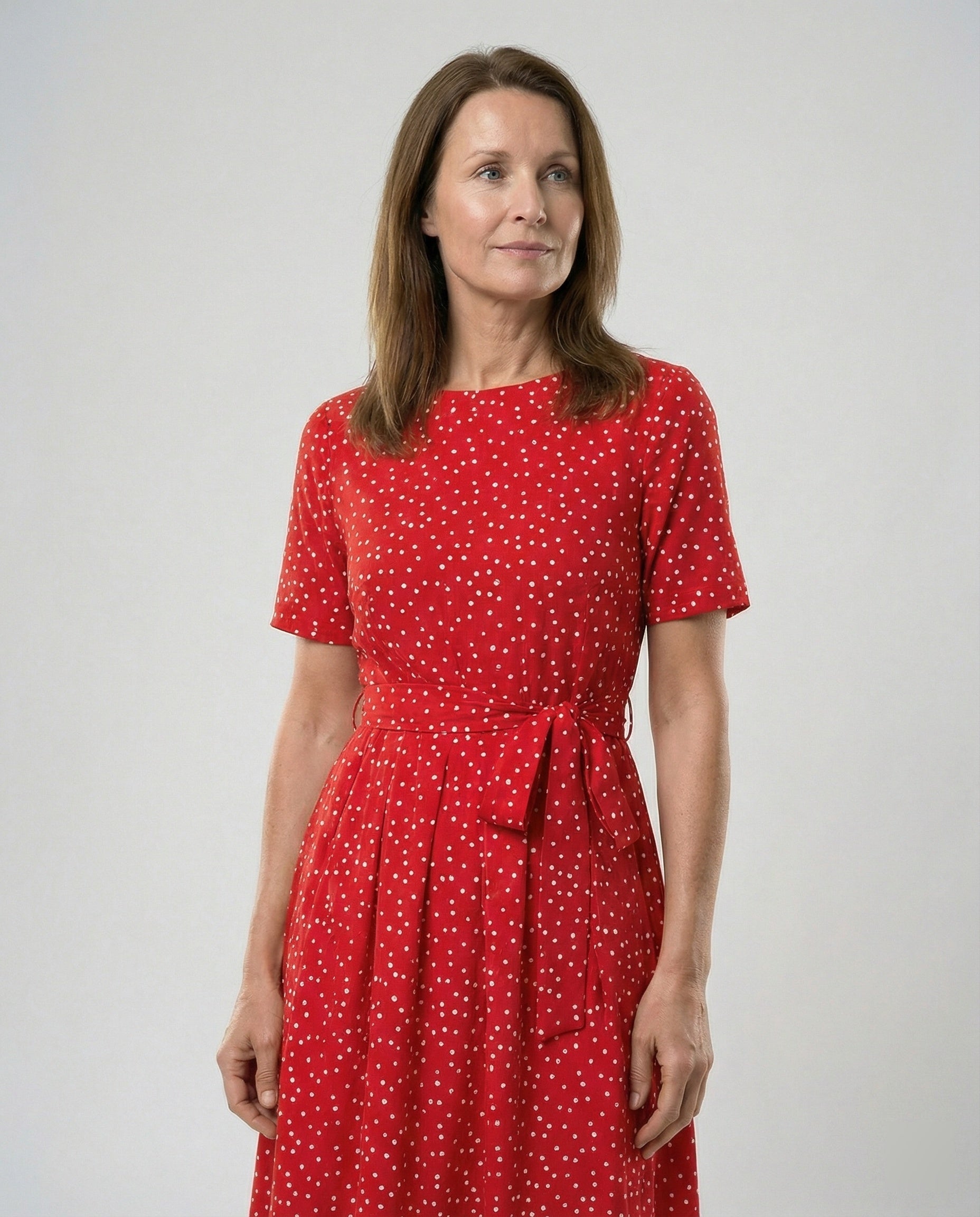 Women's Midi Dress with Waist Belt and Dots