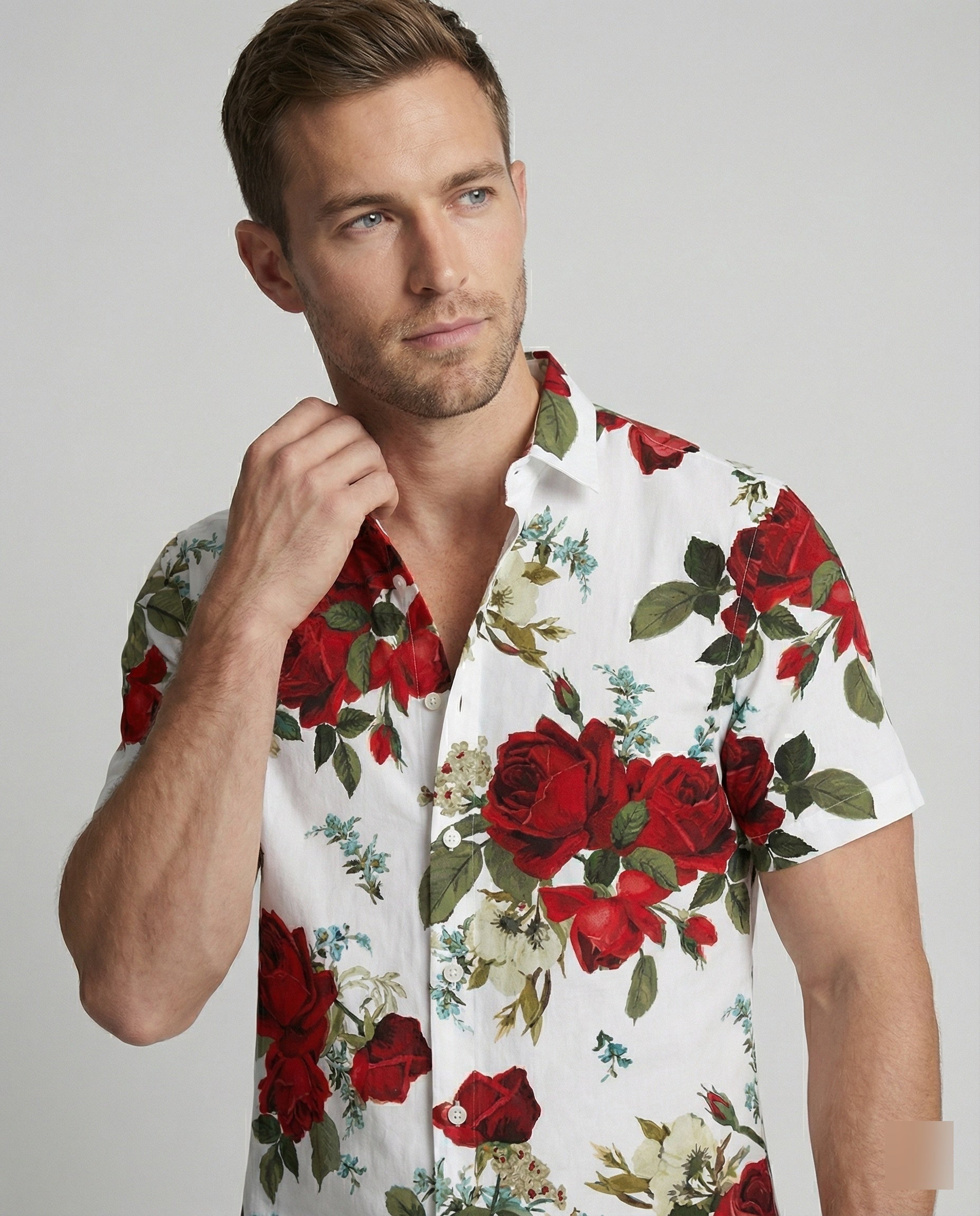 Short sleeve shirt men floral pattern linen look