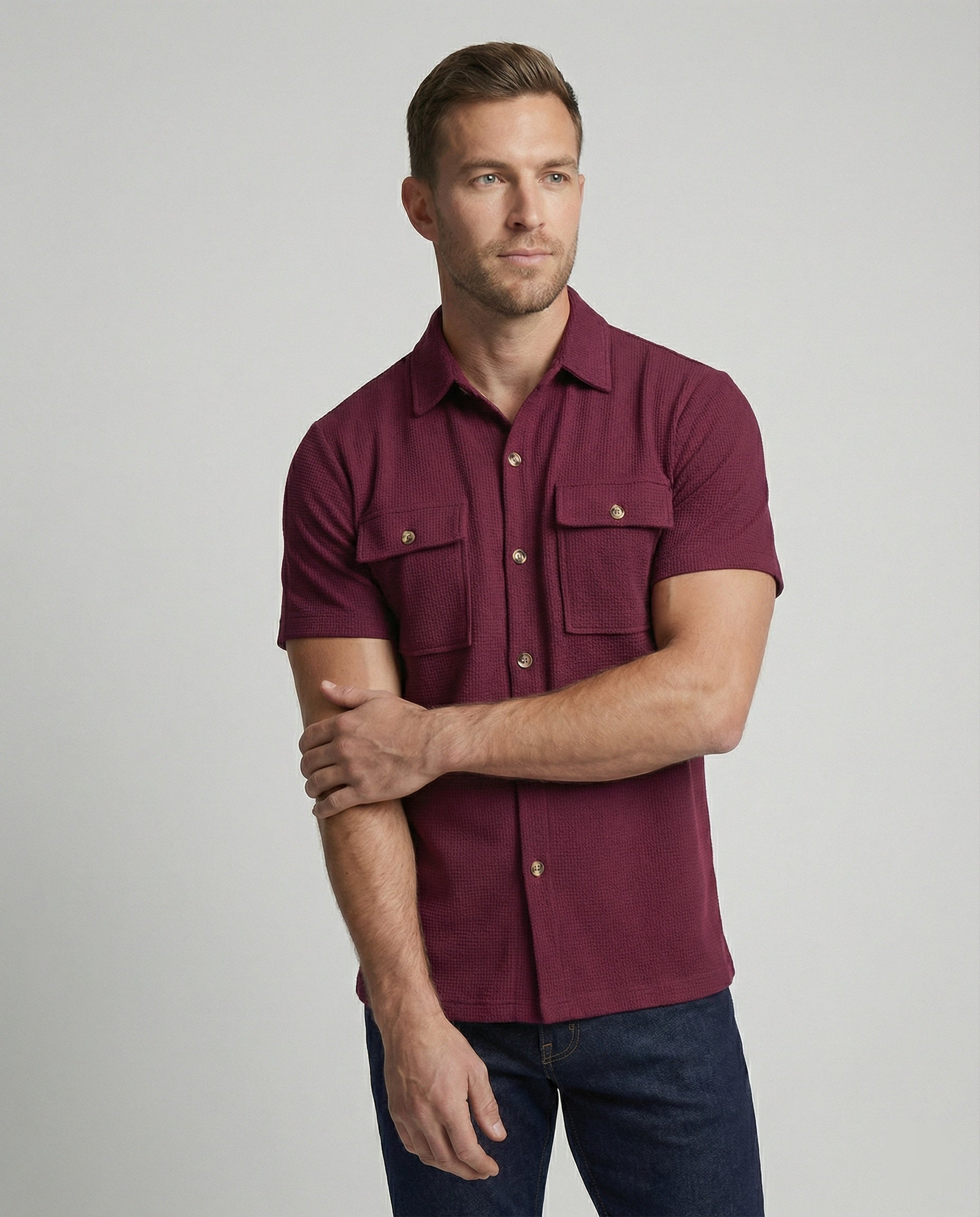 Men's Short Sleeve Shirt with Textured Fabric