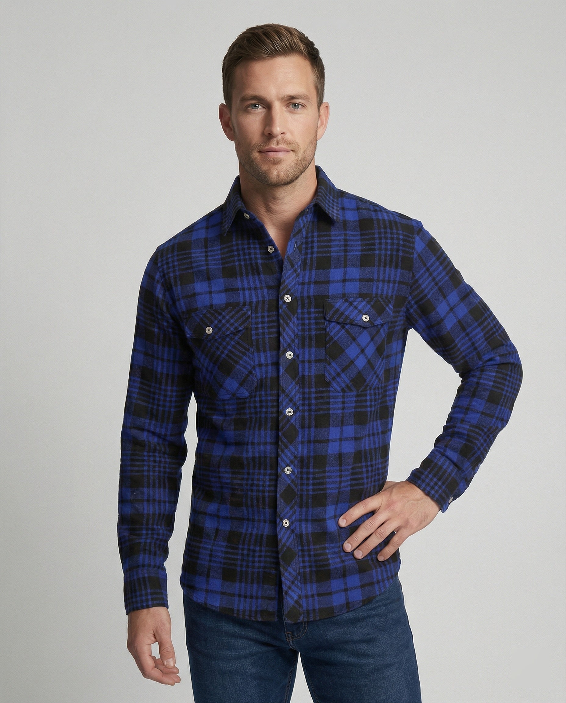Men's Long Sleeve Shirt Checked with Kent Collar