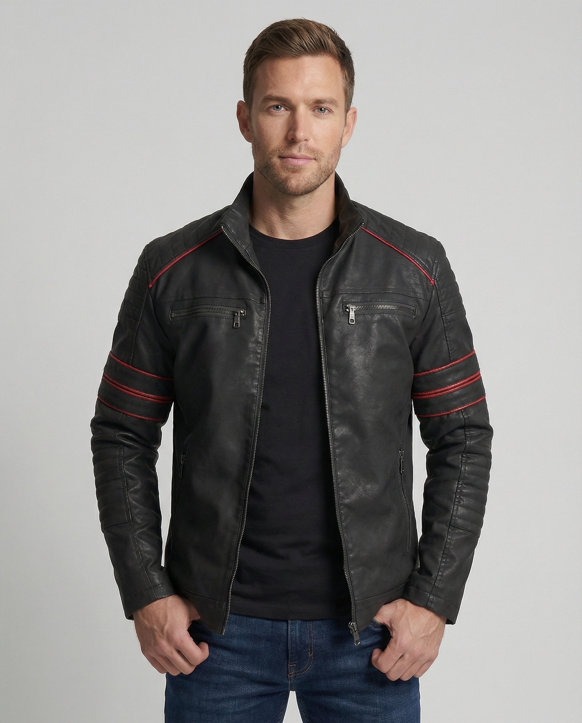 Men's Biker Leather Jacket with Quilting