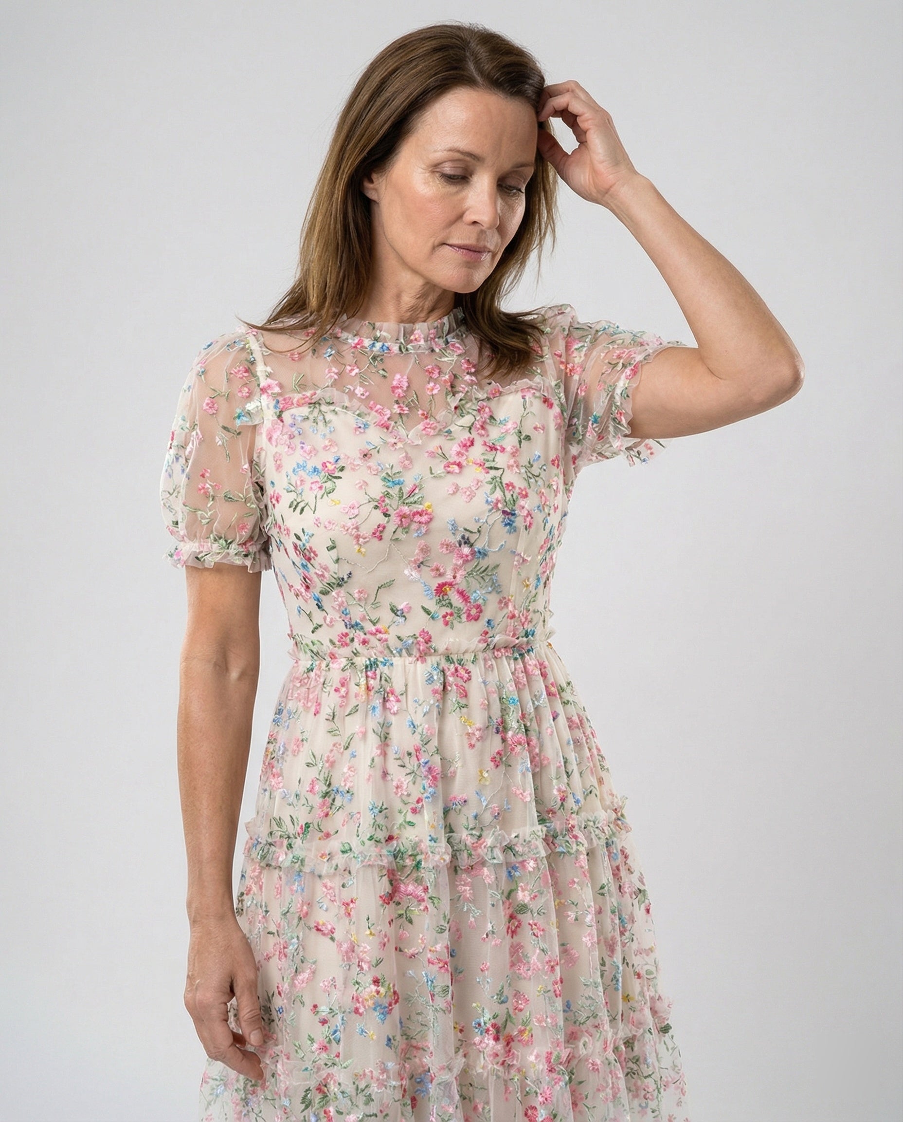 Women Tulle Midi Dress with Lace Elegant