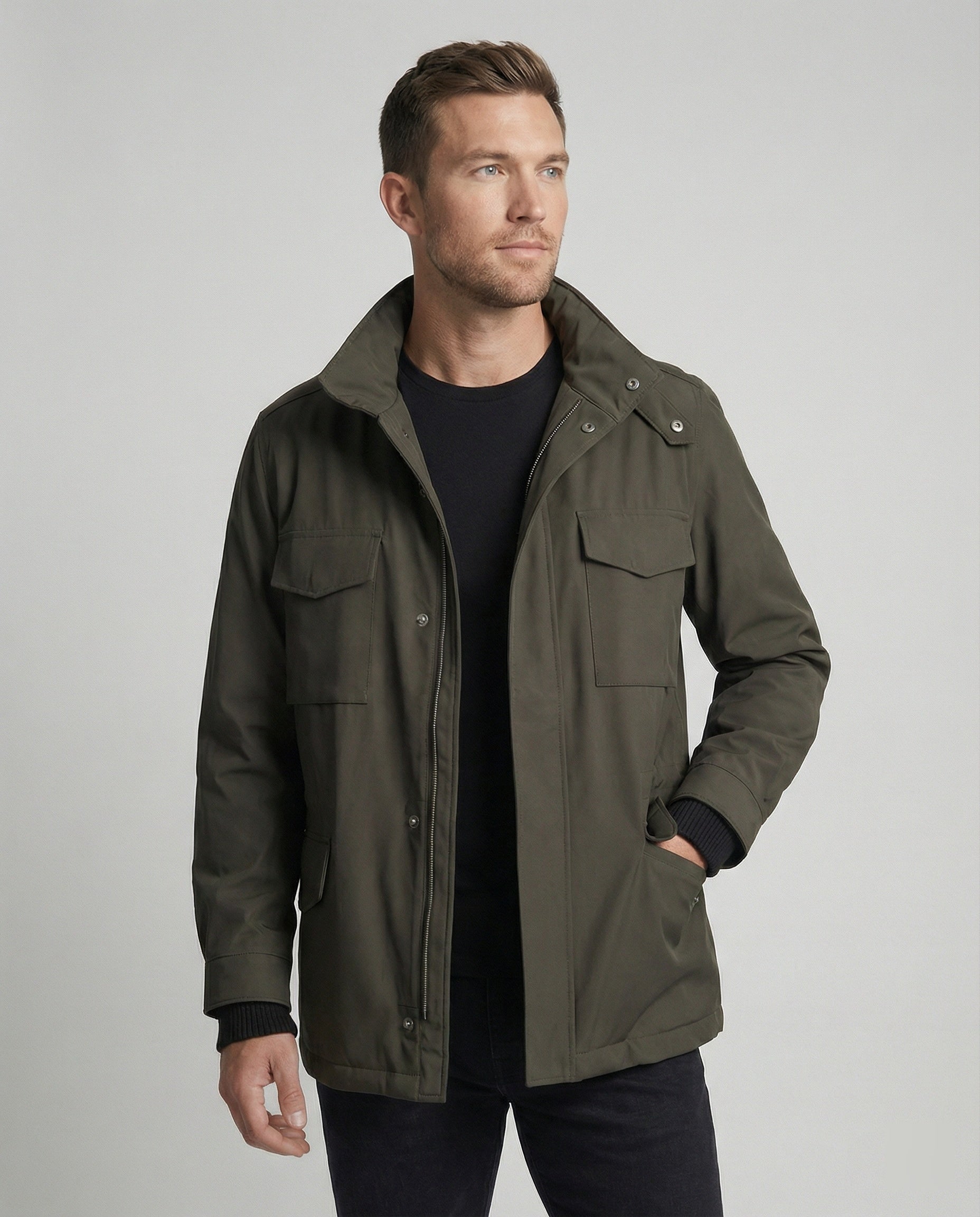 Men's utility jacket with high collar