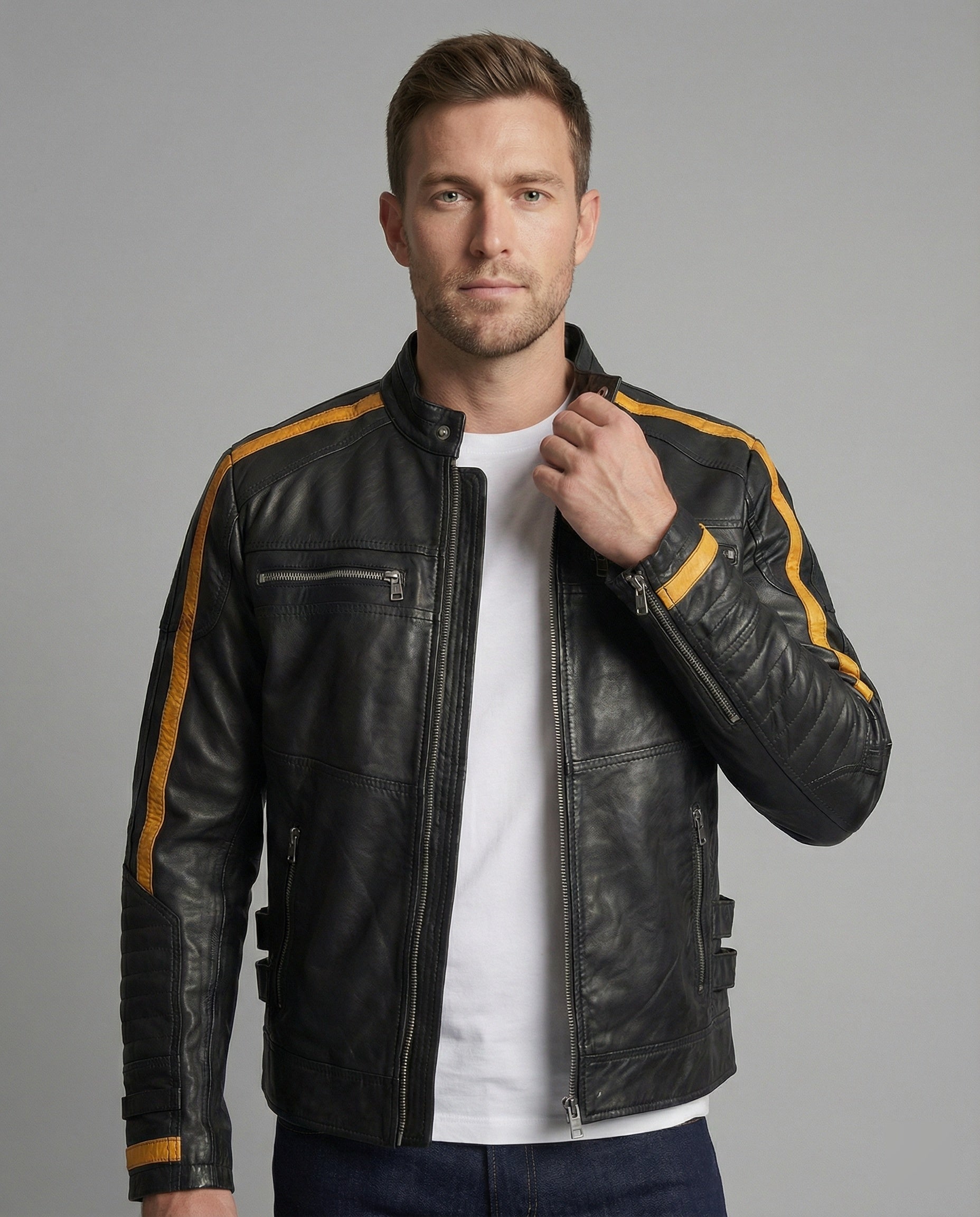 Men's Motorcycle Leather Jacket Stand Collar