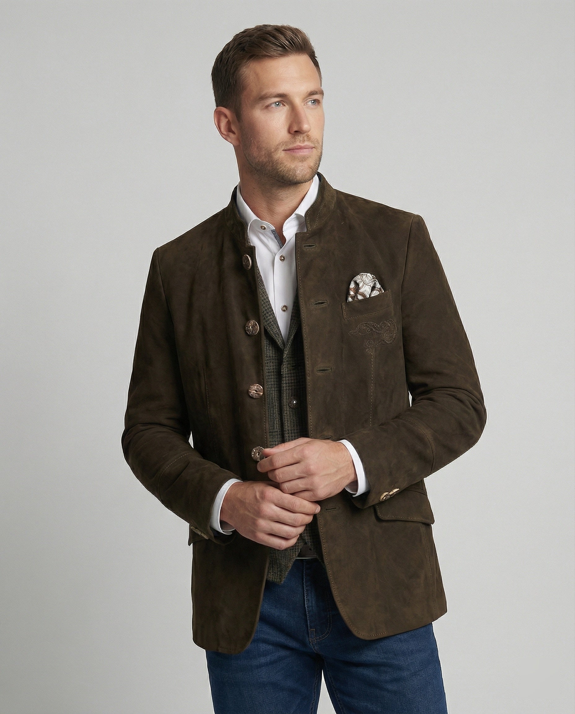 Men's suede jacket with decorative buttons