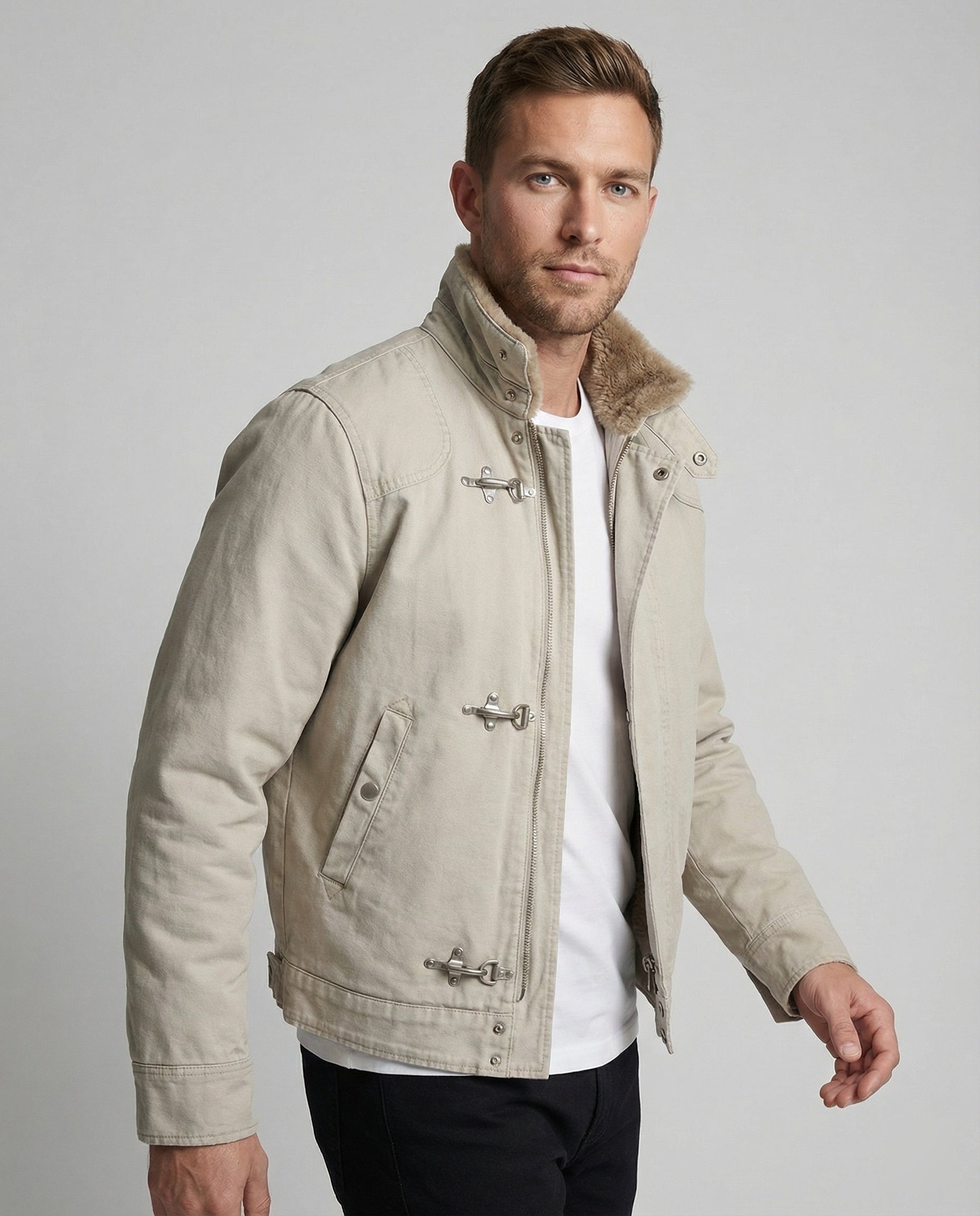 Men's canvas jacket with teddy collar