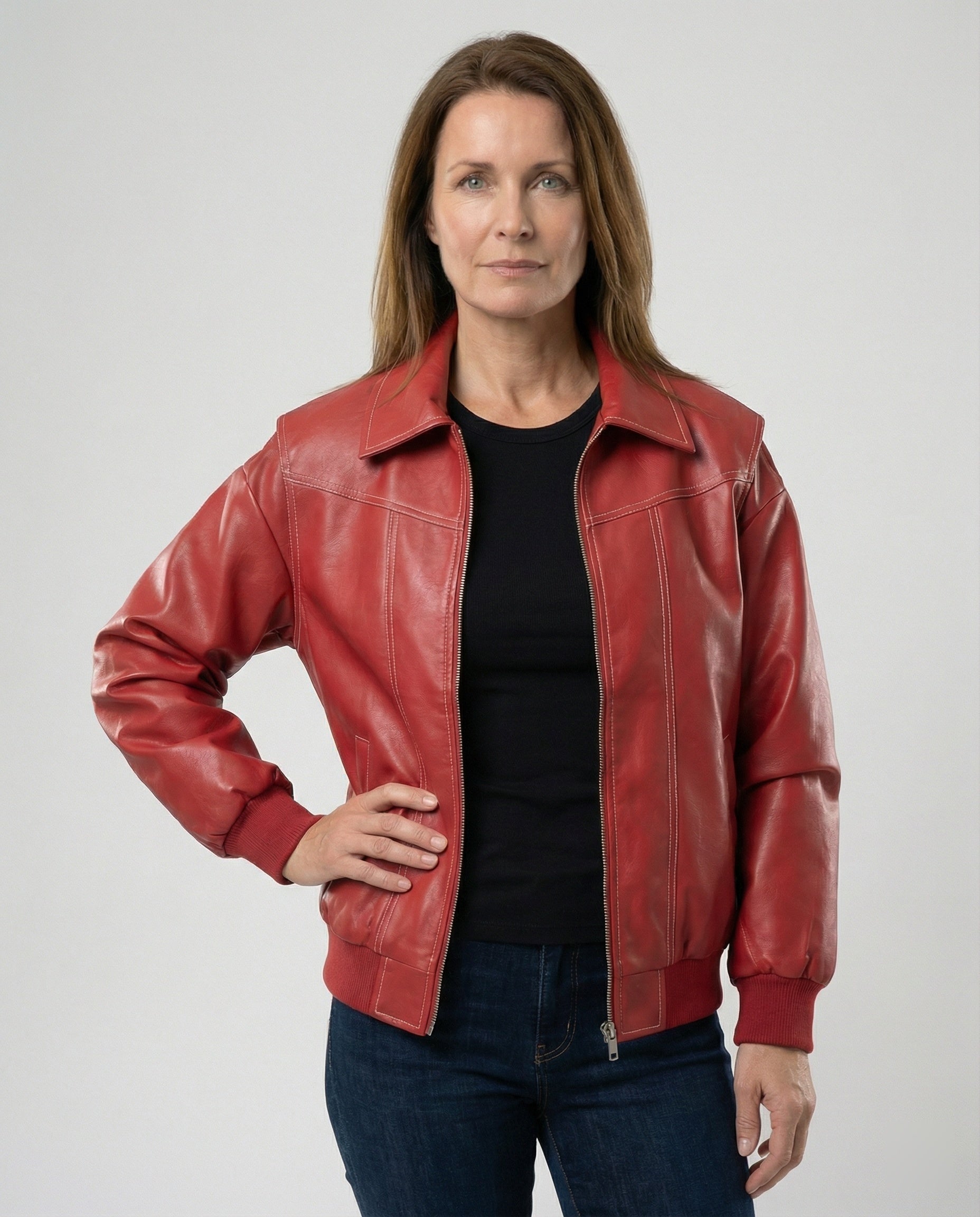 Women's elegant faux leather jacket with high collar