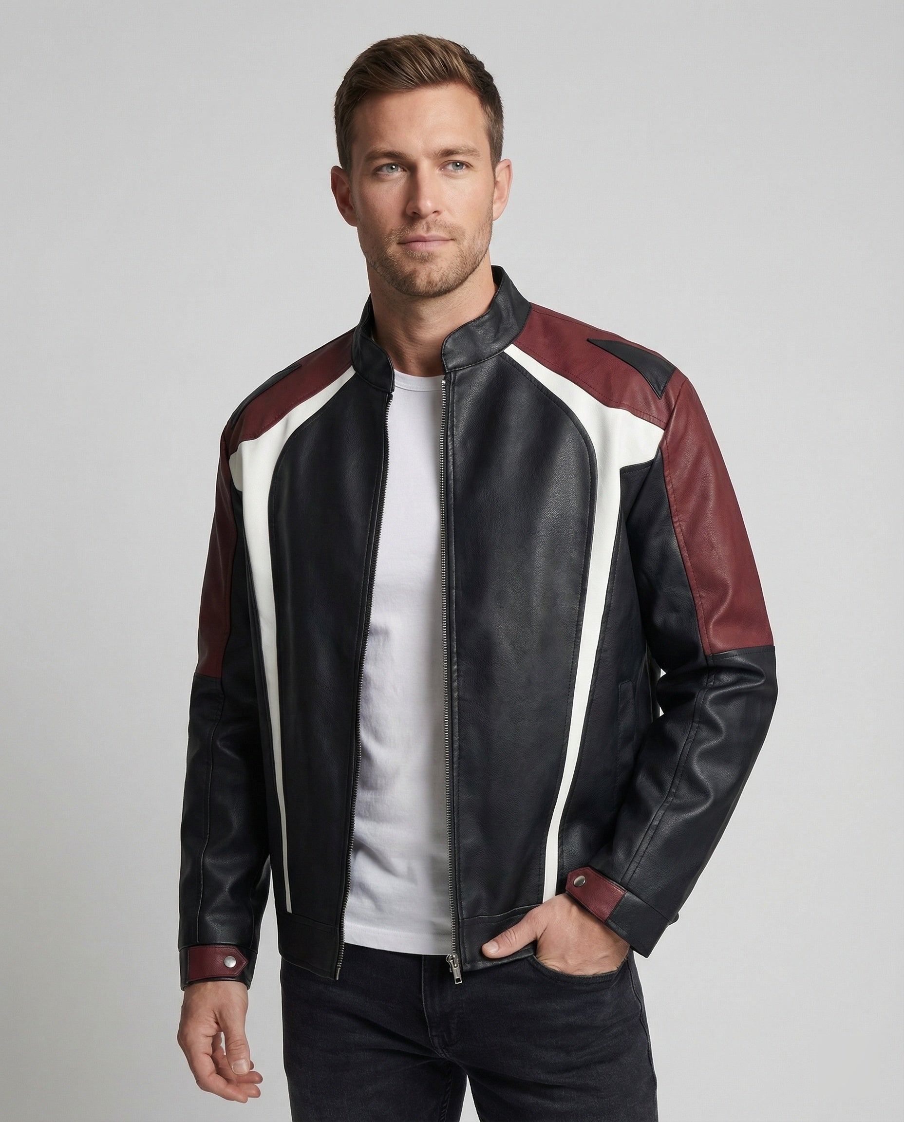 Men's Panel Leather Jacket Stand-up Collar