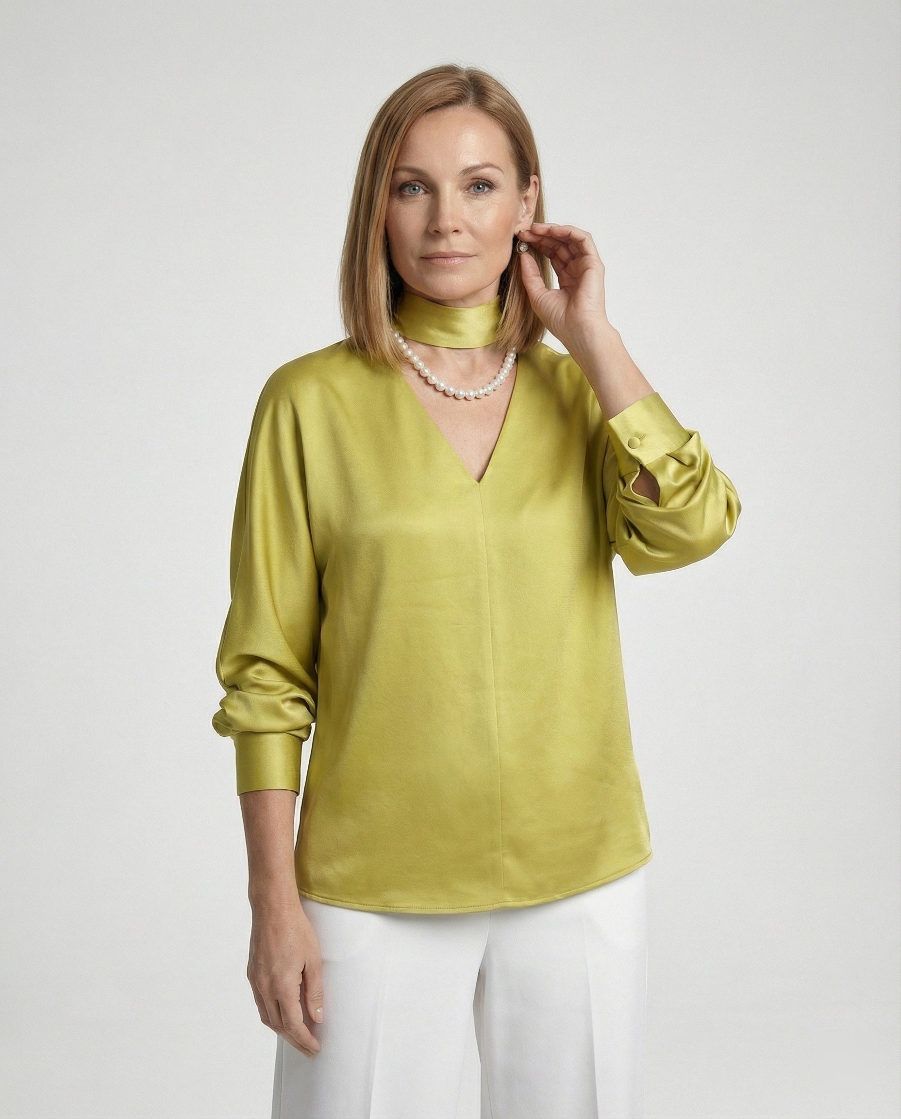 Women's satin blouse elegant with stand-up collar