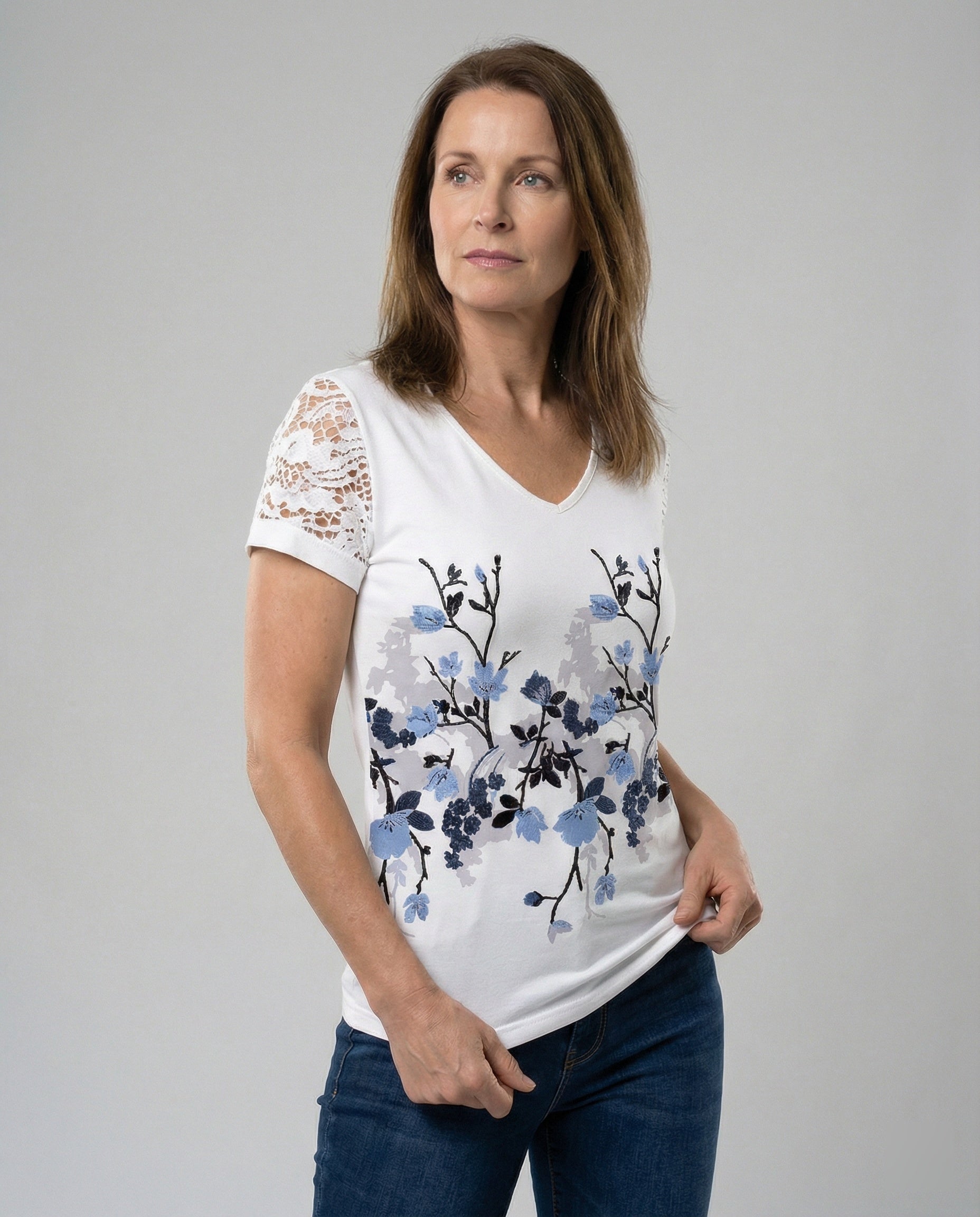 Short sleeve blouse women feather print V-neck