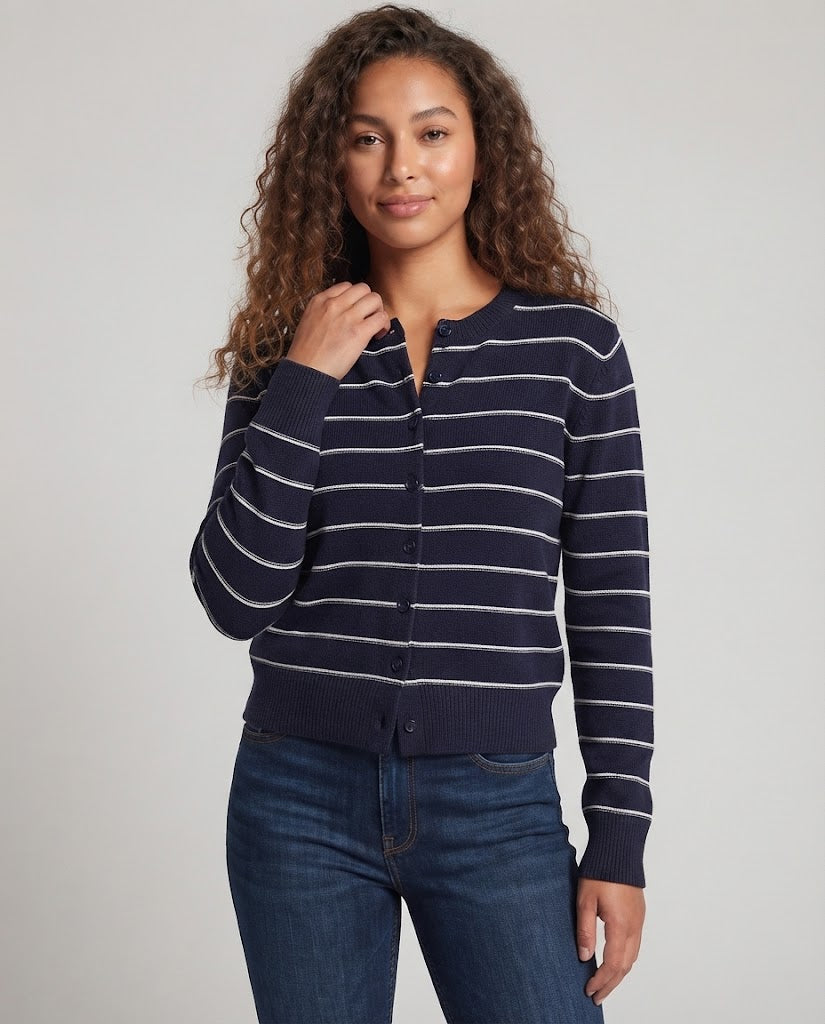 Women's fine knit button cardigan with fine stripes and round neckline Chichicherry