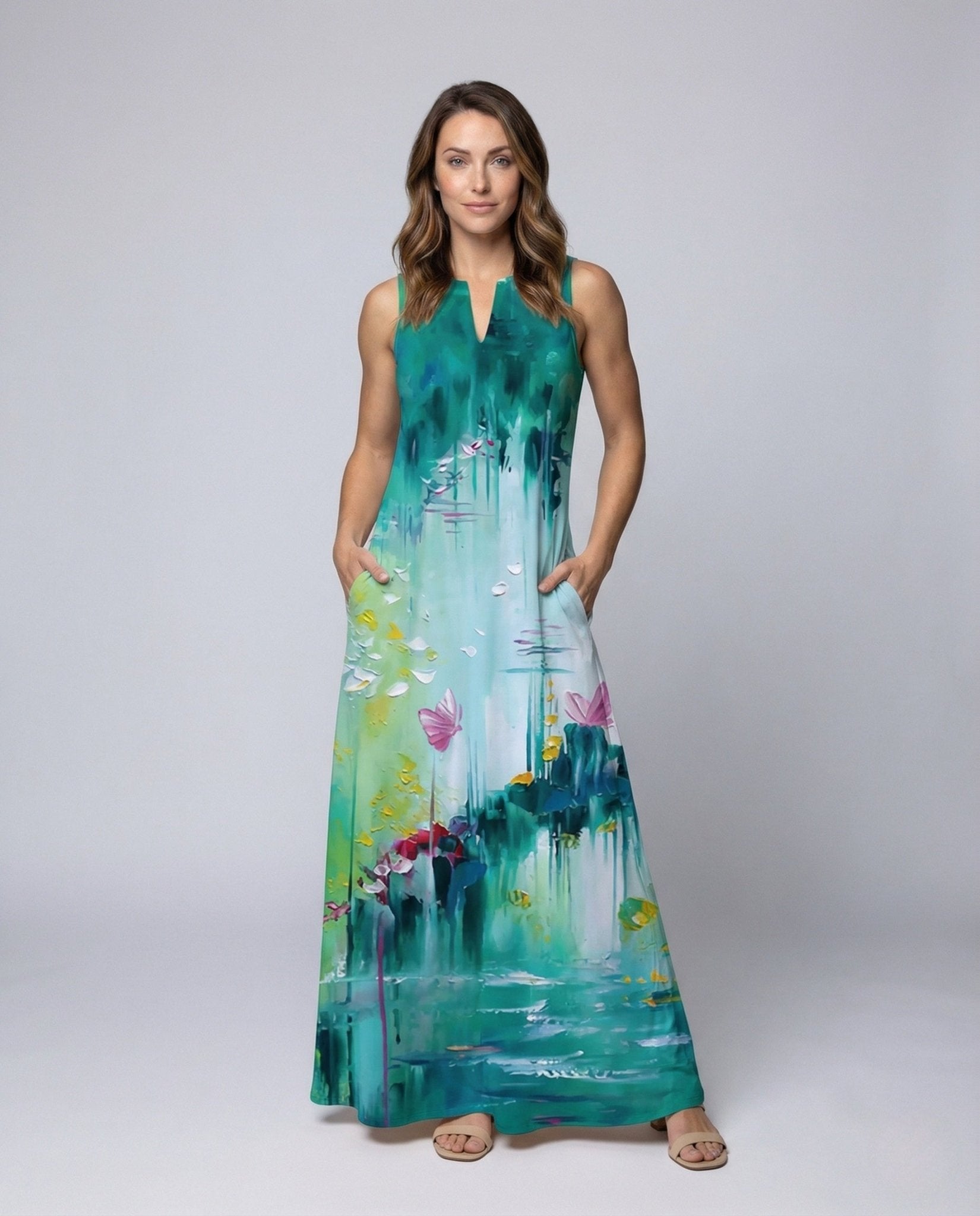 Women A - Line Dress Sleeveless V - Neck - Chichicherry