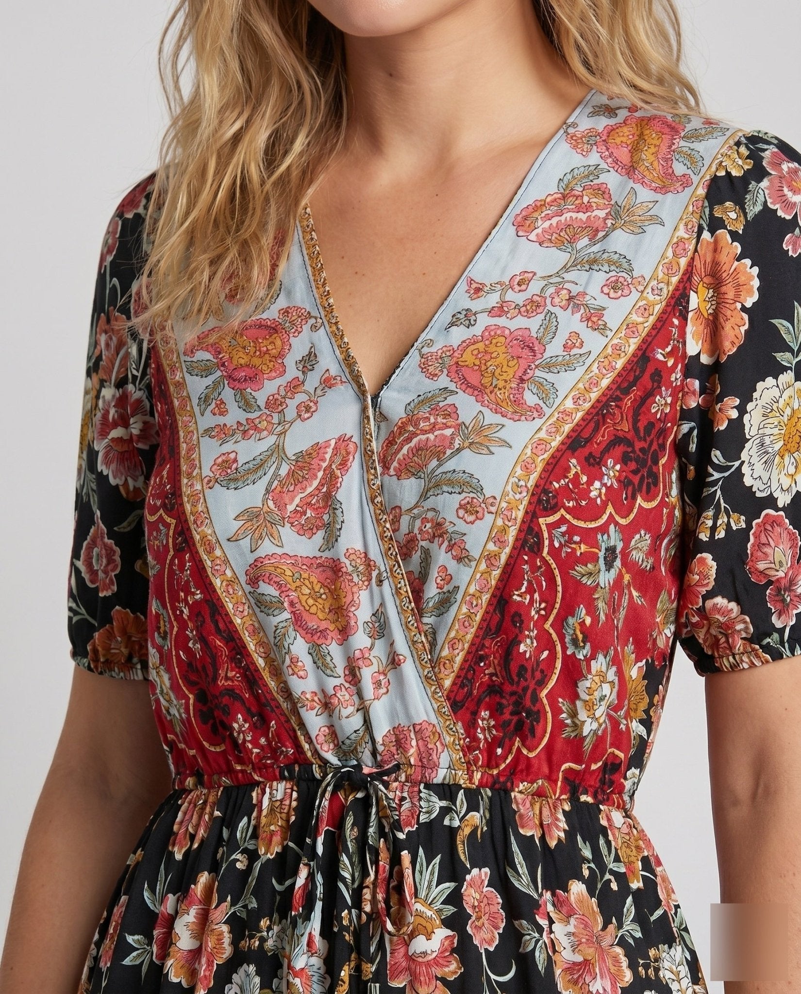 Women airy, floral designed summer dress with ruffles and deep V-neck - Chichicherry
