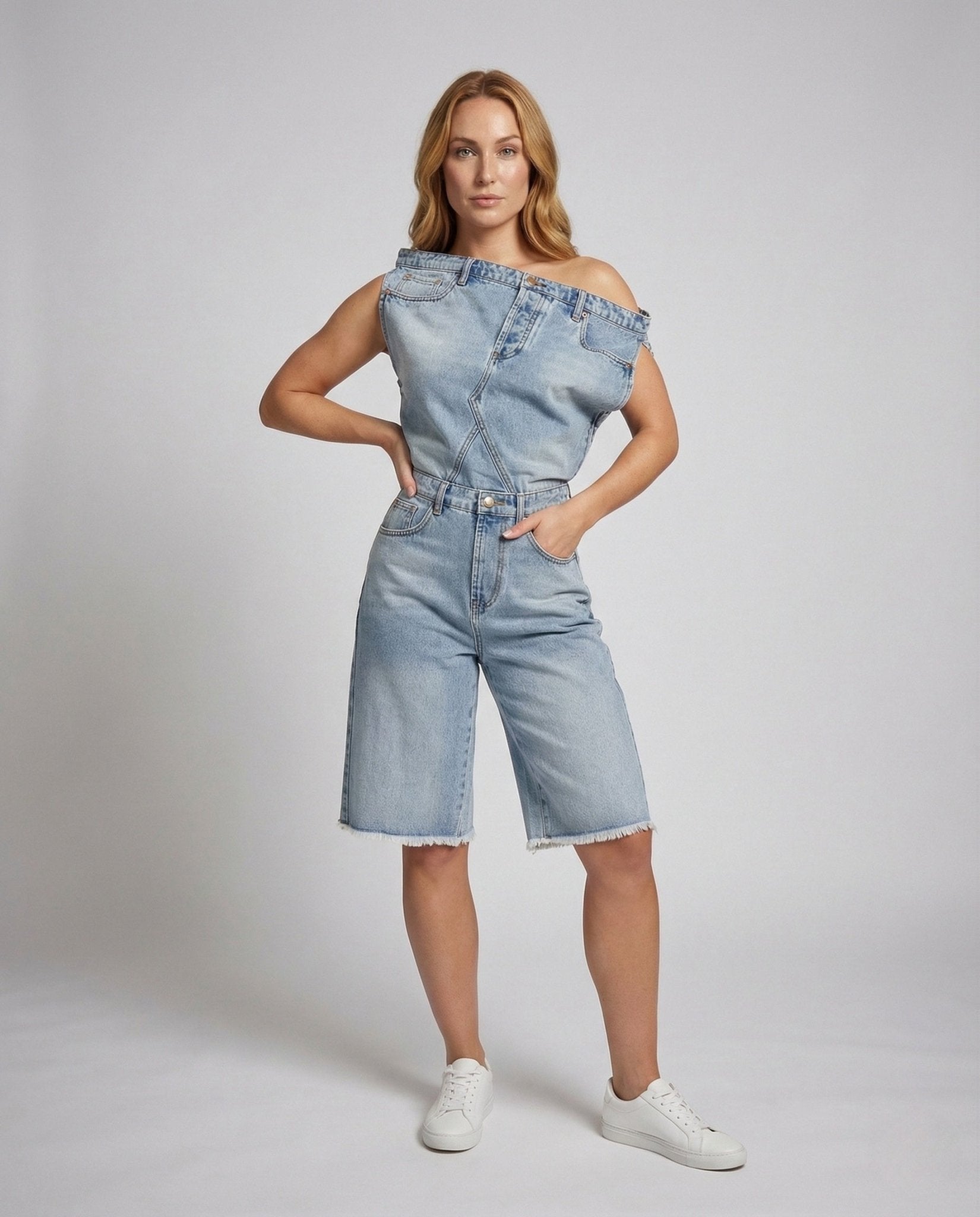 Women Asymmetric Carmen Jeans Jumpsuit - Chichicherry