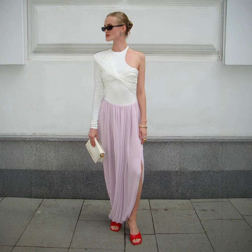 Women Asymmetric One-Shoulder Maxi Dress with Draped Top, Long Pleated Skirt and Leg Slit Chichicherry - Chichicherry