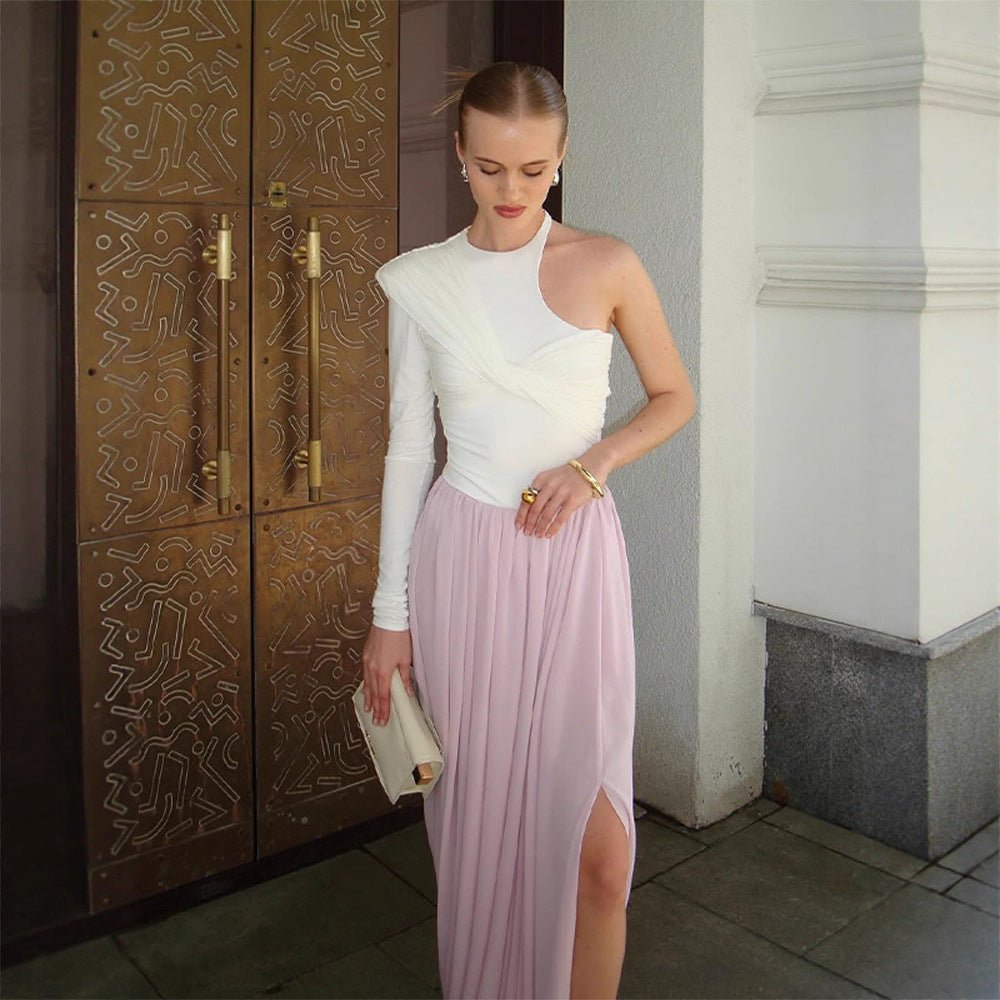 Women Asymmetric One-Shoulder Maxi Dress with Draped Top, Long Pleated Skirt and Leg Slit Chichicherry - Chichicherry